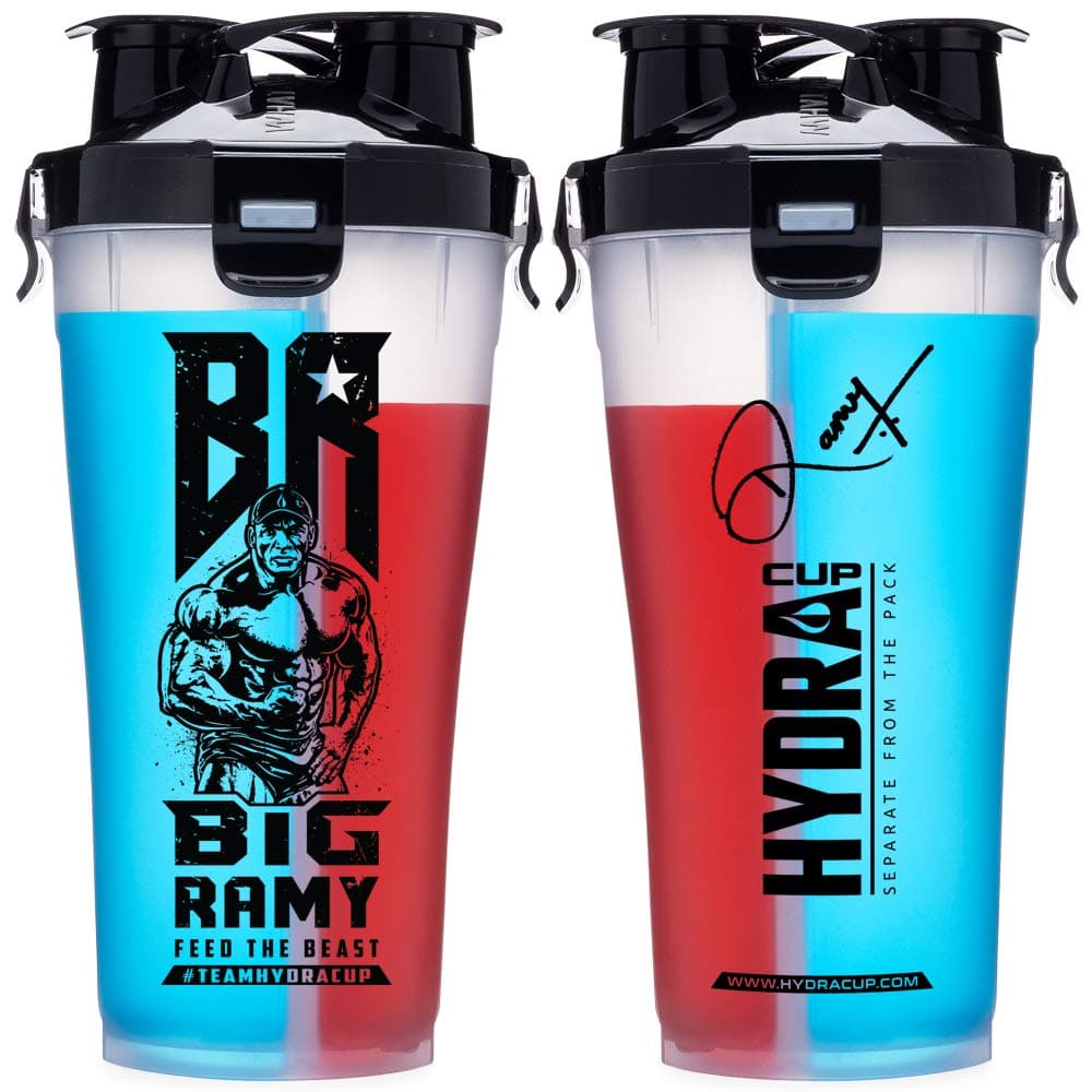 Hydra Cup - 36 oz High Performance Dual Shaker Bottle, 2 in 1, 14oz + 22oz, Leak Proof, Awesome Colors, Patented PRE + Protein Shaker Cup, Save Time & Be Prepared, Big Ramy Clear/Black