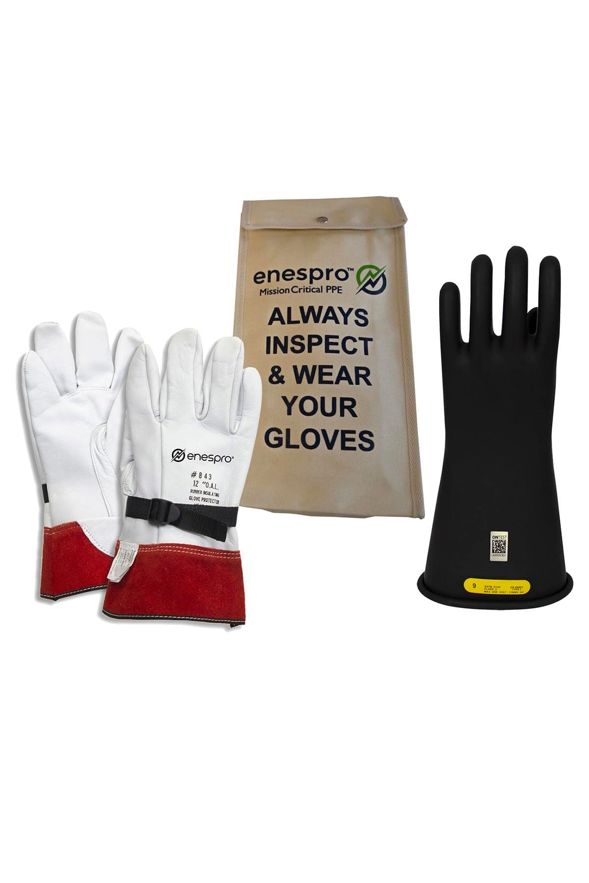 Class 2 Black Rubber Voltage Insulating Glove Kit with Leather Protectors, Max. Use Voltage 17,000V AC/ 25,500V DC (KITGC2B10)
