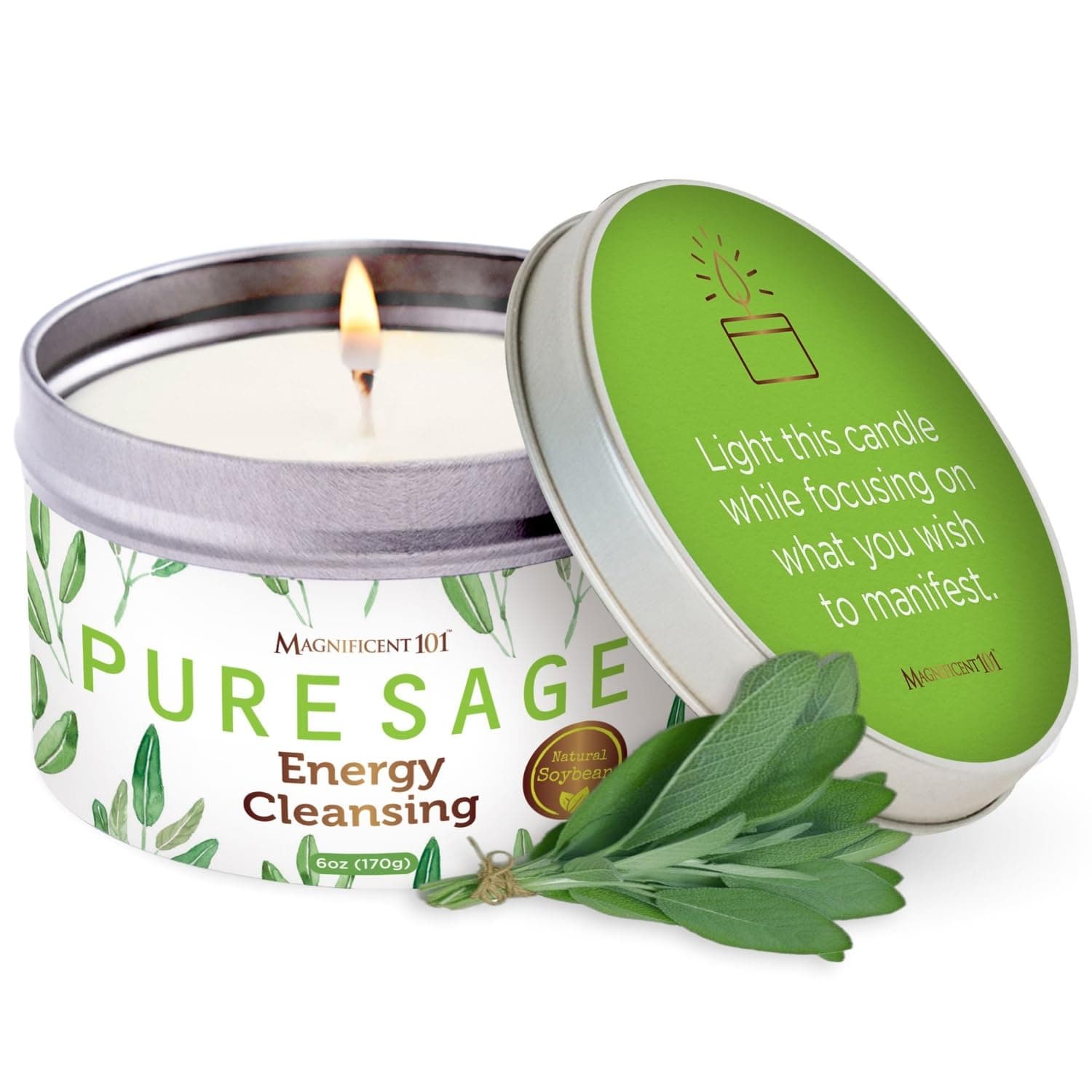 Magnificent 101 Long Lasting Pure White Sage Candle - 6 Oz - 35 Hour Burn Time - Organic, All Natural, Soy Candle to Cleanse Your Home & Calm, Soothe, Use with Sage Smudge Kit - Spiritual