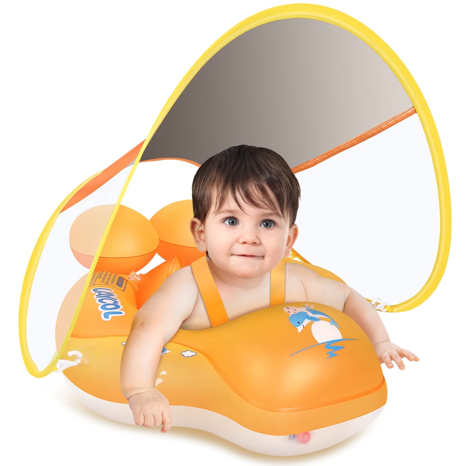 Upgraded No Flip Over Baby Pool Float, Baby Float with Canopy UPF50+, Inflatable with Double Air Chambers,Five Safety Protection Anti-flip Safe, Baby Swimming Float with 2 Tail for 6-36 Months
