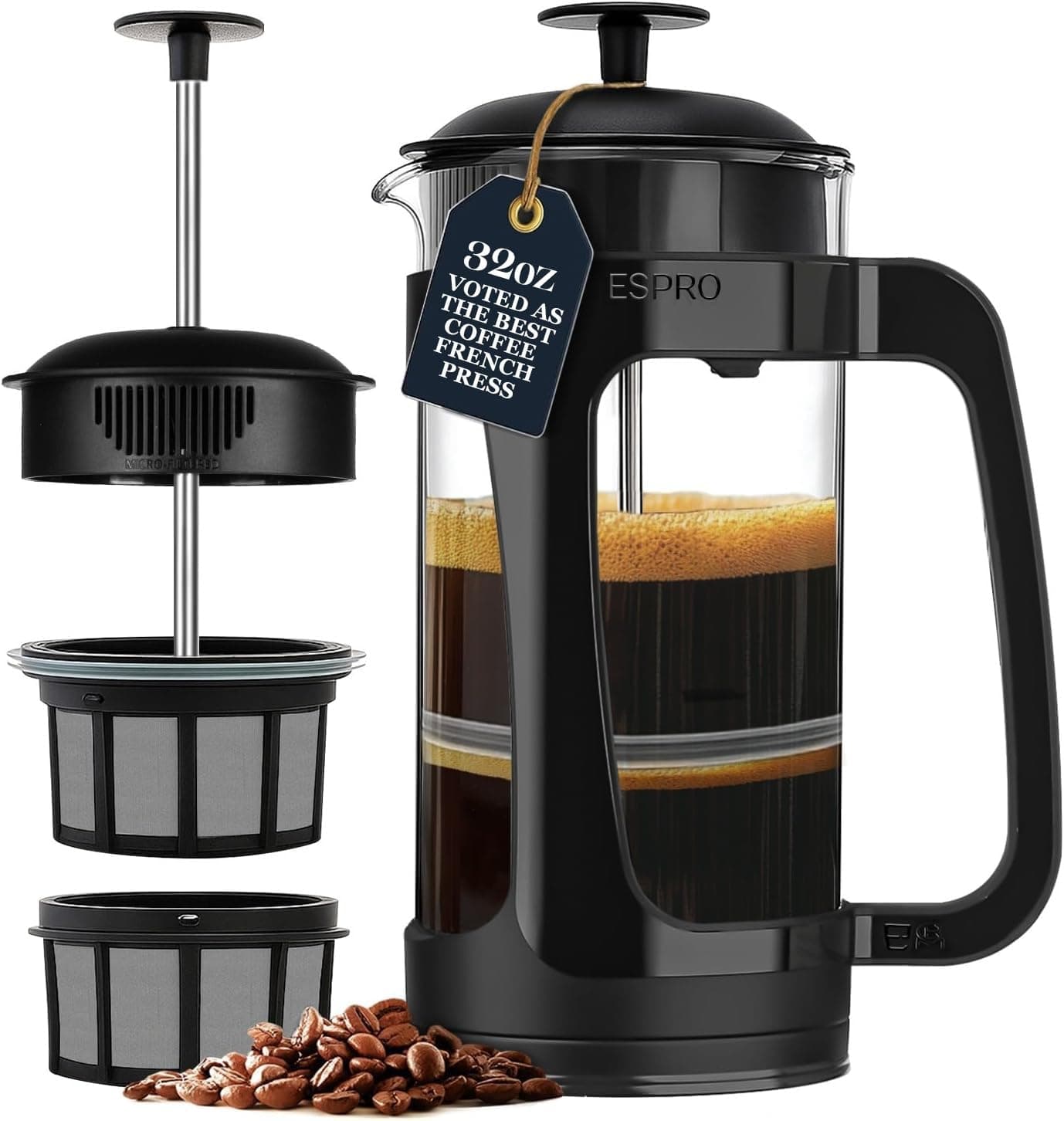 P3 French Press Coffee Maker – Patented Double Micro-Filter for Grit-Free Brew, Heat Resistant thicker Borosilicate Glass Coffee press – (Black 32 oz)