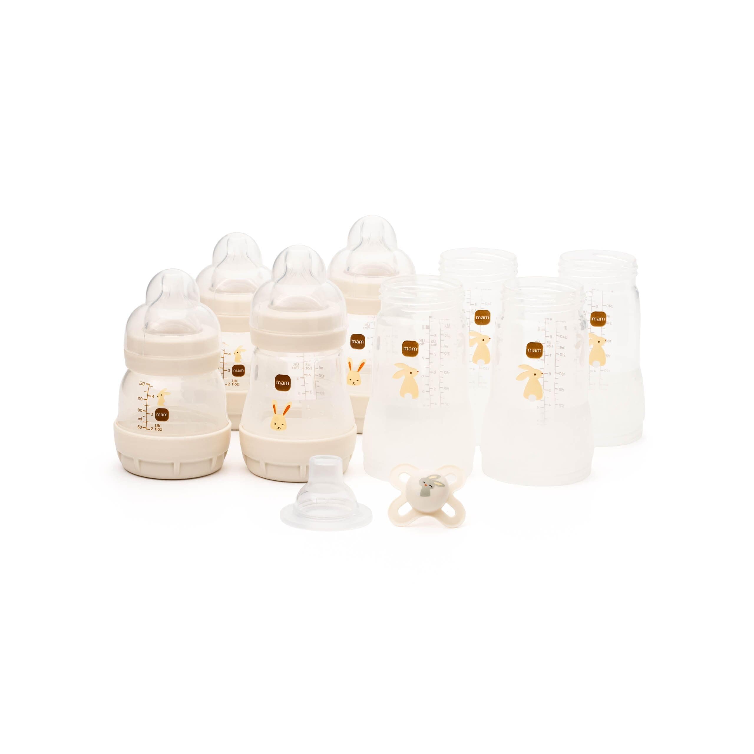 Easy Start Anti-Colic Bottle Starter Set | Includes 4X Feeding Bottles and MAM Original Start 0-2 Month Soother | Self-Sterilising | Baby Gift Set of Newborn Essentials | White (Various Designs)