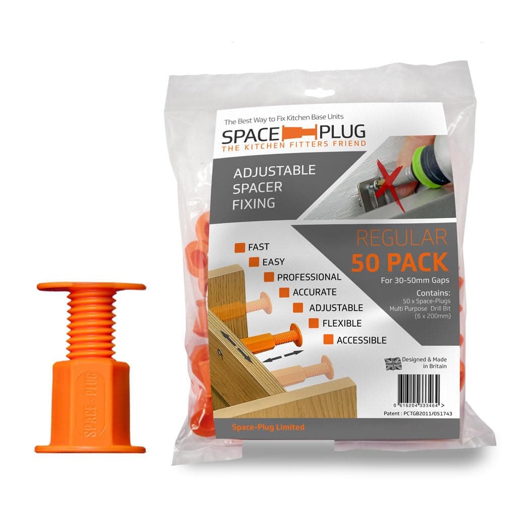 Adjustable Spacer Fixings (Regular Size for 30-50mm Gaps), 50 Pack of Original Orange Spacers, Professional & DIY use for Kitchen, Bedroom, Bathroom & Furniture installations