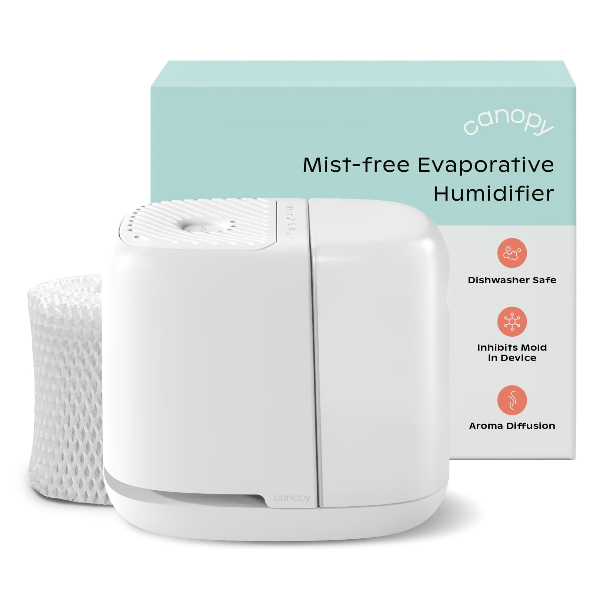 Canopy Bedside Humidifier 2.0, White, 36 HR Run Time, 2.5L Capacity - Reading Light & White Noise - Alleviate Symptoms of Allergies, Flu, Cold, Dry Skin - Humidifier, Filter, Power Cord & Adapter