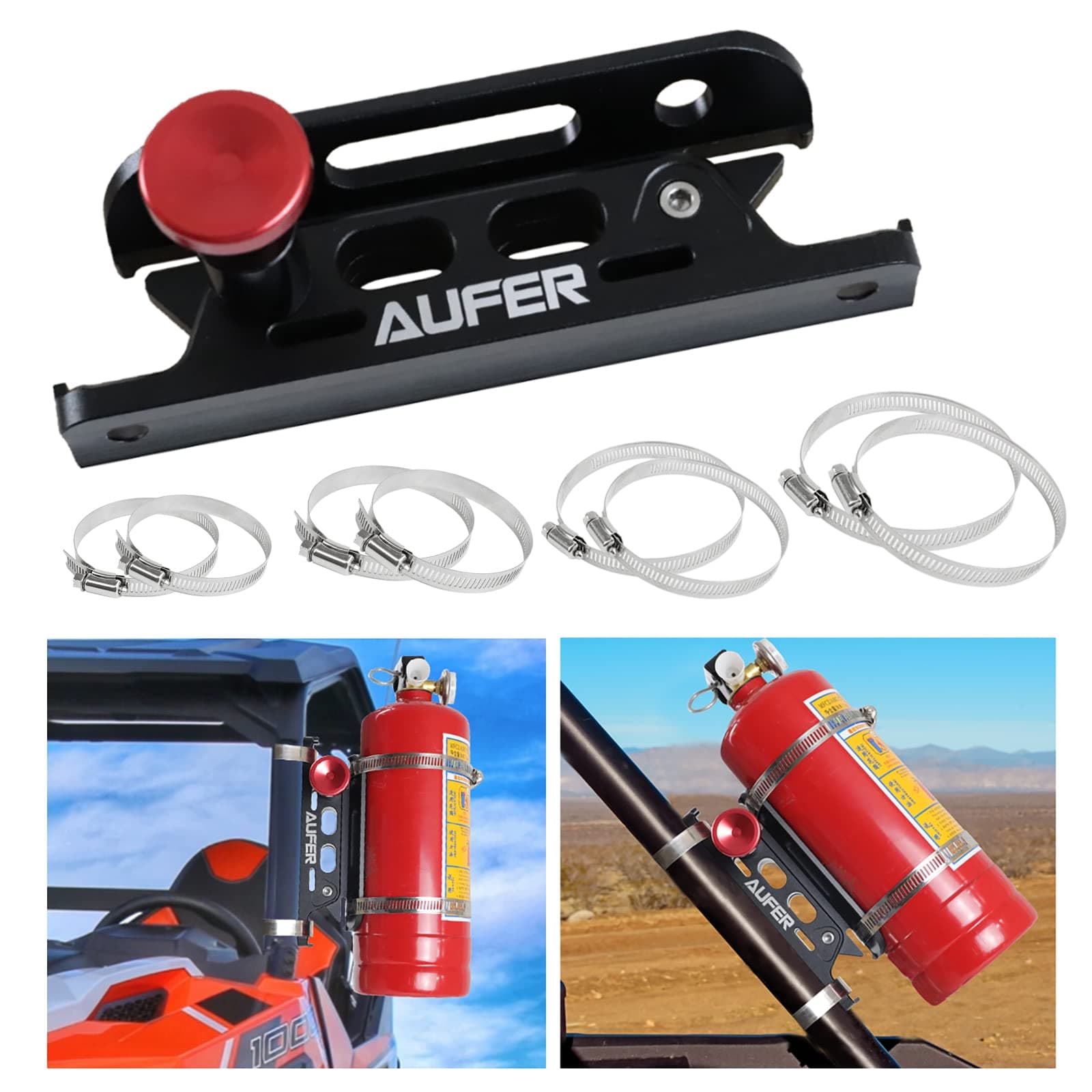 AUFER Universal Aluminum Adjustable Quick Release Roll Bar Fire Extinguisher Mount Holder with 8 Clamps for Jeep Wrangler UTV Polaris RZR Boat and Home Office Garden etc.(for 1-10 Lb. Extinguishers)