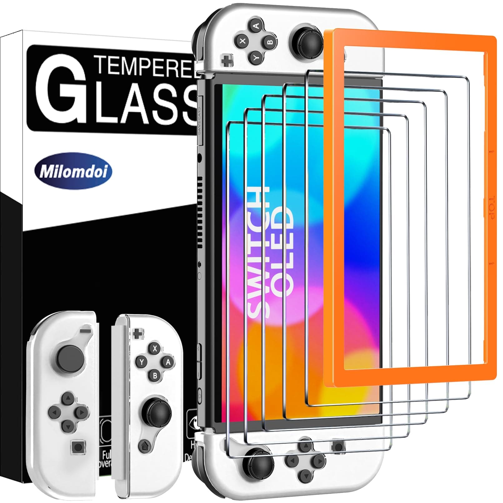Milomdoi 5 Pack Tempered Glass Screen Protector for Nintendo Switch OLED Model 2021, with 2 Pack Clear Joy Con Soft Case, Alignment Frame Accessories for Nintendo Switch OLED 7 inch,Clear