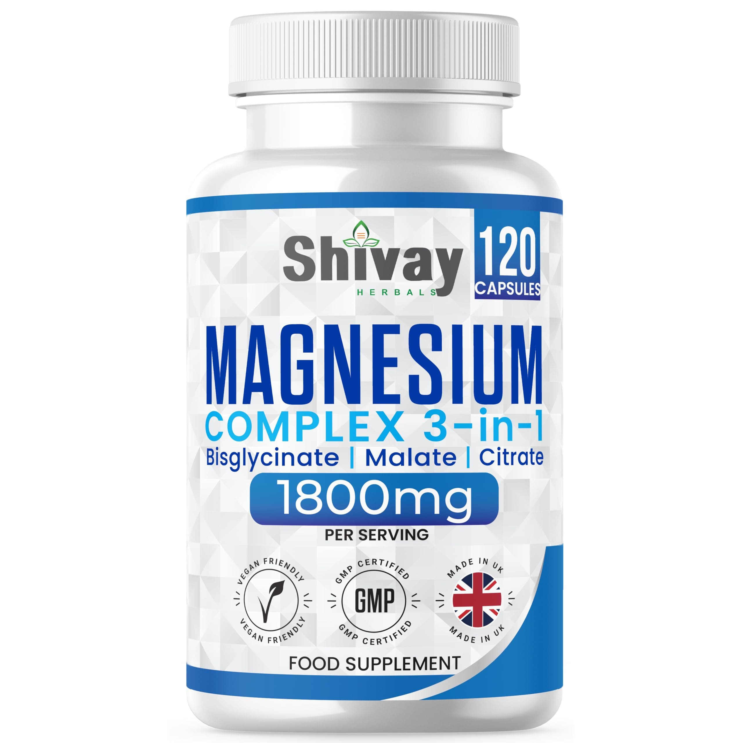 Magnesium Glycinate 3 in 1 Complex | 1800mg Per Serving - 384mg Elemental Mg | High Strength Magnesium Bisglycinate, Malate, Citrate | 120 Vegan Capsules | Made in The UK by Shivay Herbals