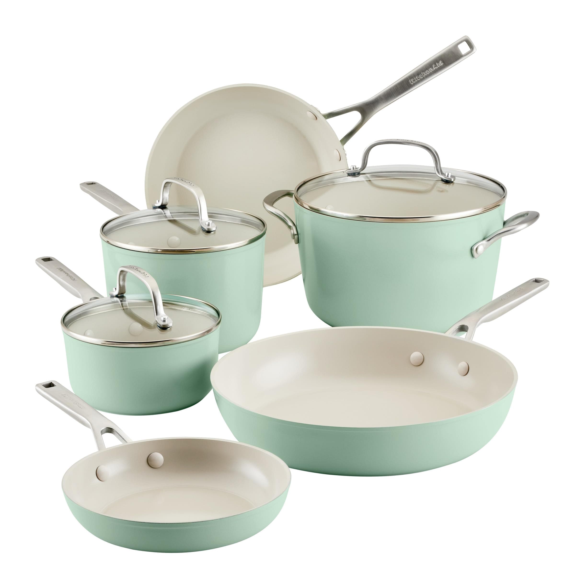 KitchenAid Hard Anodized Ceramic Nonstick Cookware Pots and Pans Set, 9 Piece - Pistachio