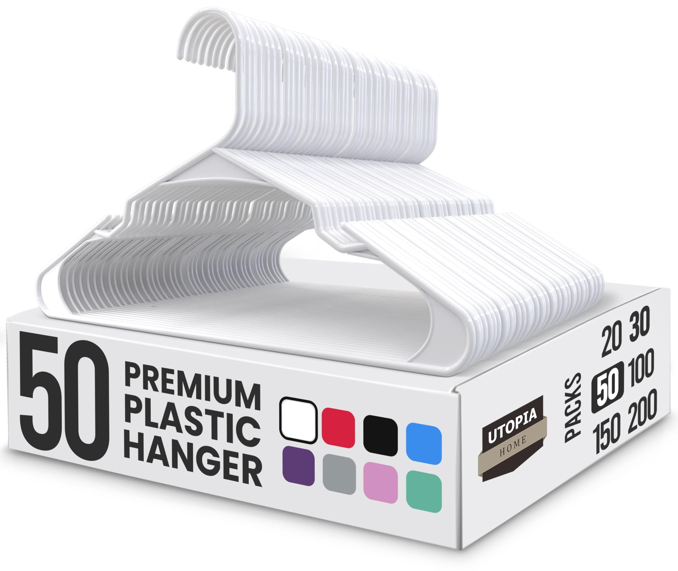 Utopia Home - Plastic Hangers 50 Pack - Space Saving Clothes Hanger - Durable and Strong Closet Organizers and Storage Makes It Ideal Stocking Stuffers or Apartment or Dorm Room Essentials (White)