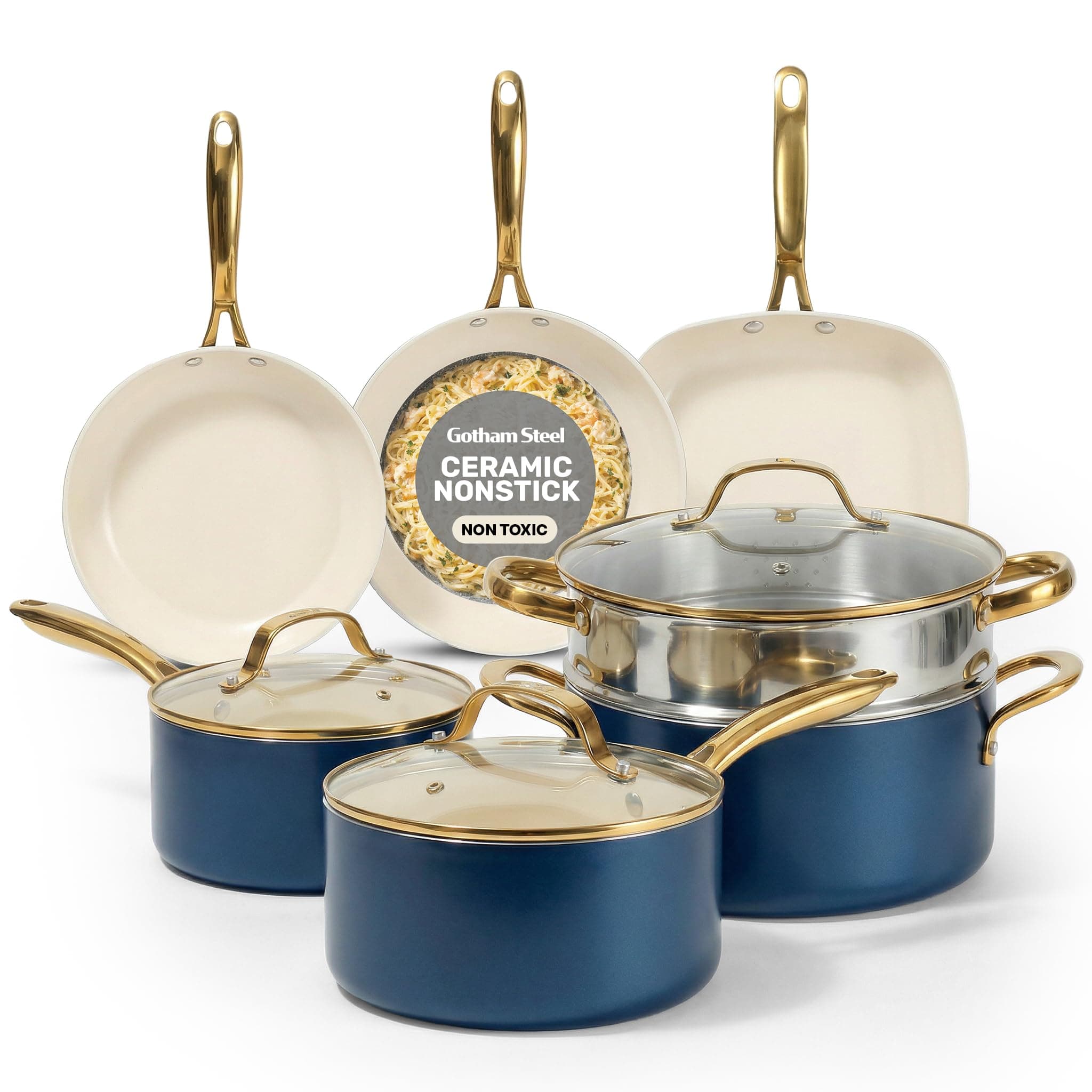 12 Pc Ceramic Pots and Pans Set Non Stick, Kitchen Cookware Sets, Pot and Pan Set, Ceramic Cookware Set, Non Toxic Cookware Set, Non Stick Pots and Pan Set, Dishwasher Safe - Cream Navy…