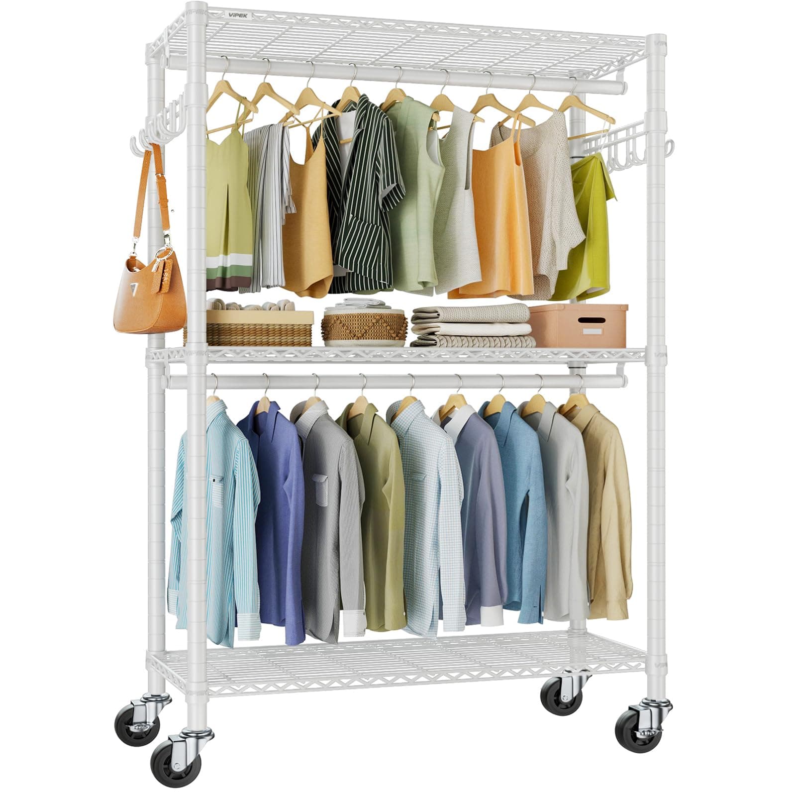 R2 Plus Rolling Garment Rack 3 Tiers Adjustable Wire Shelving Clothes Racks with Wheels, Freestanding Wardrobe Storage Rack Heavy Duty Metal Clothing Racks for Hanging Clothes, White