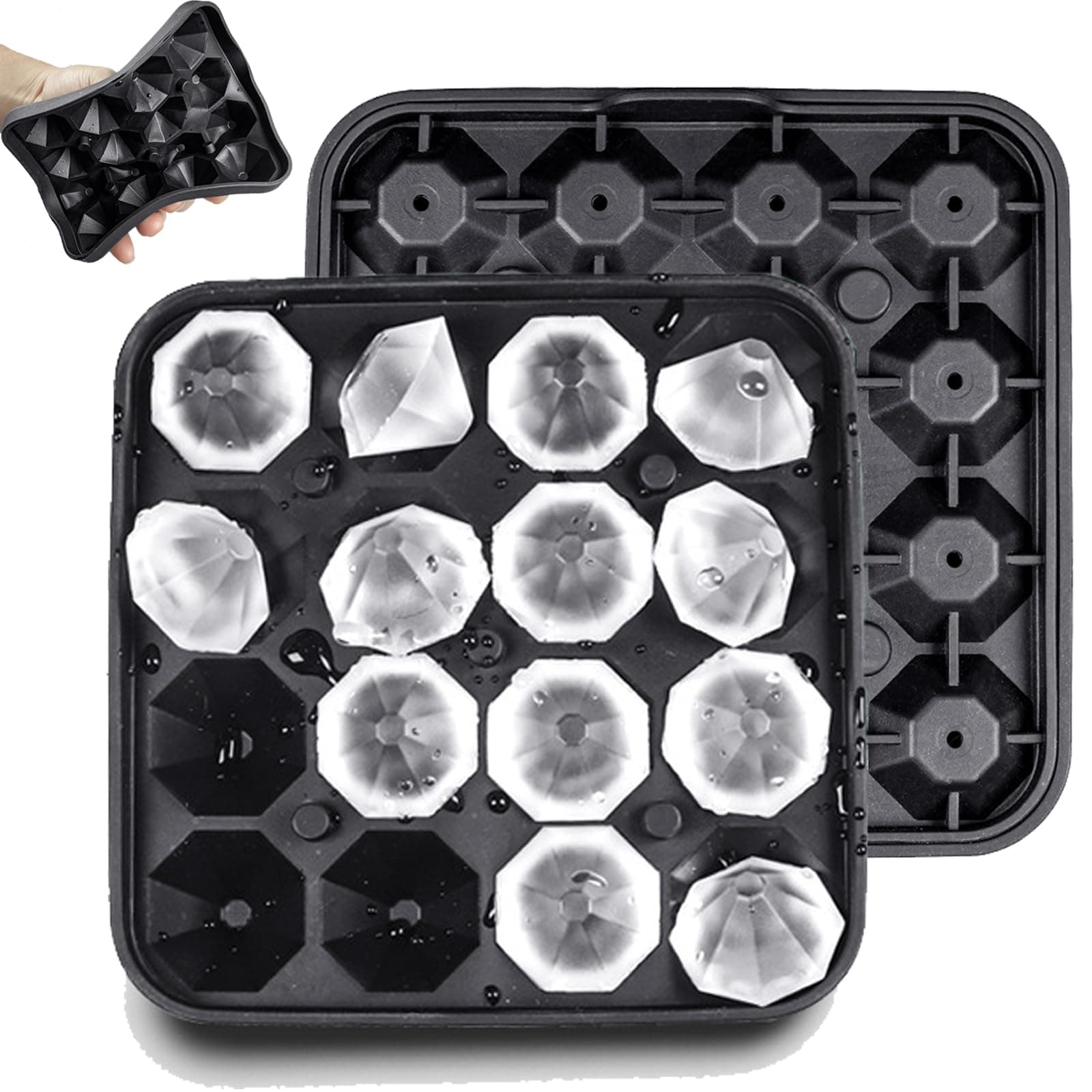 Gwindrise Tiny Diamond Ice Molds 2 Pack, Small Diamond-Shaped Silicone Ice Cube Trays 16 Cubes Per Tray, Easy Release, BPA-Free Mini Ice Cube Trays with Lid