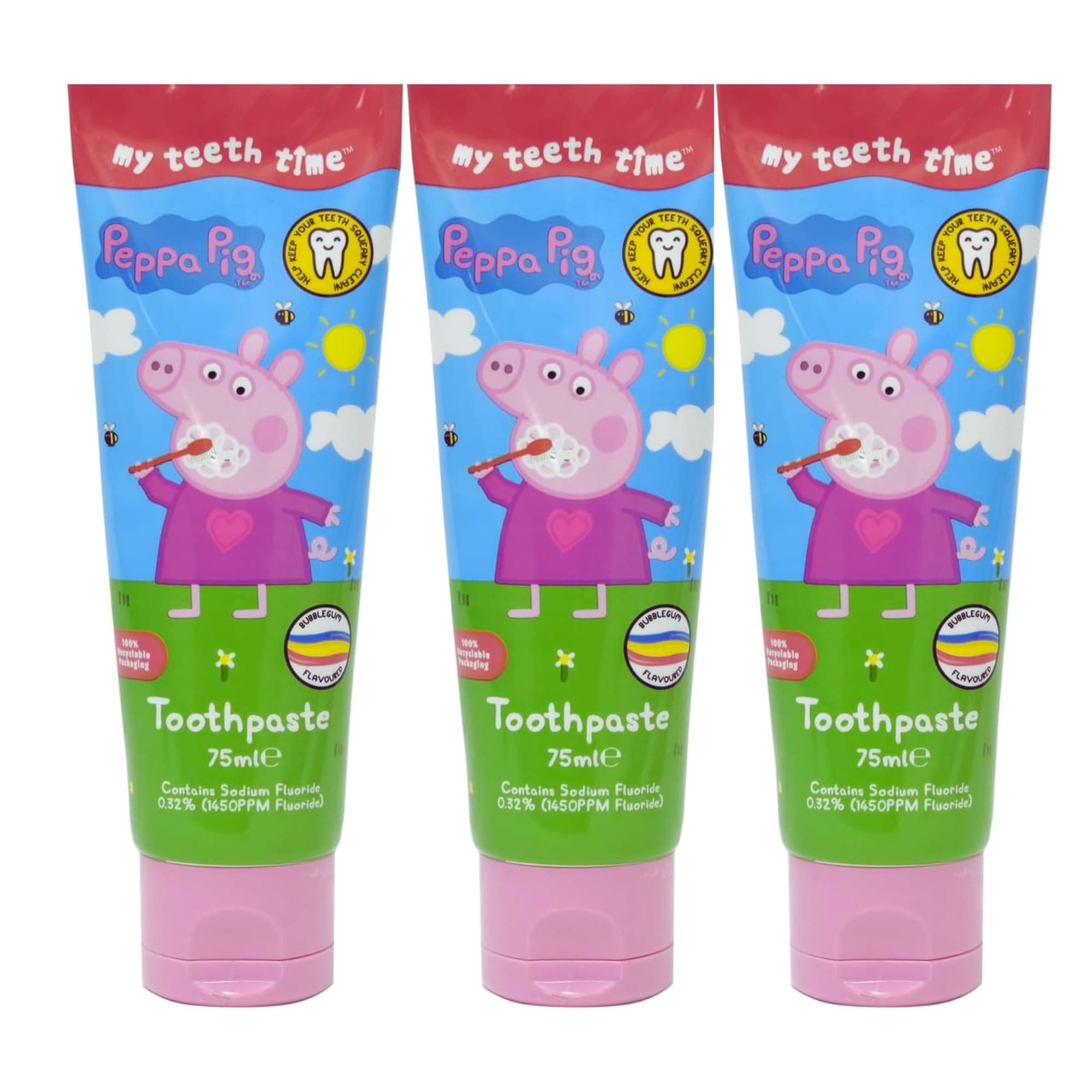 My Teeth Time Peppa Pig Toothpaste - Bubble Gum Flavour, Rainbow Striped, 75ml Pack of 3 - Pediatric Dentist Recommended Dental Care for 3-8 Year Olds, Promotes Healthy Oral Hygiene Habits