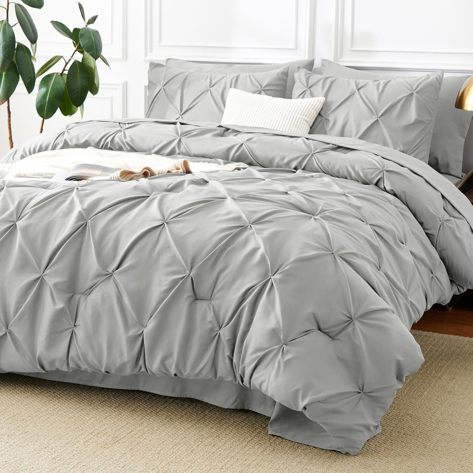 King Size Comforter Set Light Grey, 7 Pieces Pintuck Bed in A Bag Gray Comforter King Size, Pinch Pleat Bedding Set with All Season Comforter, Sheets, Pillowcases & Shams