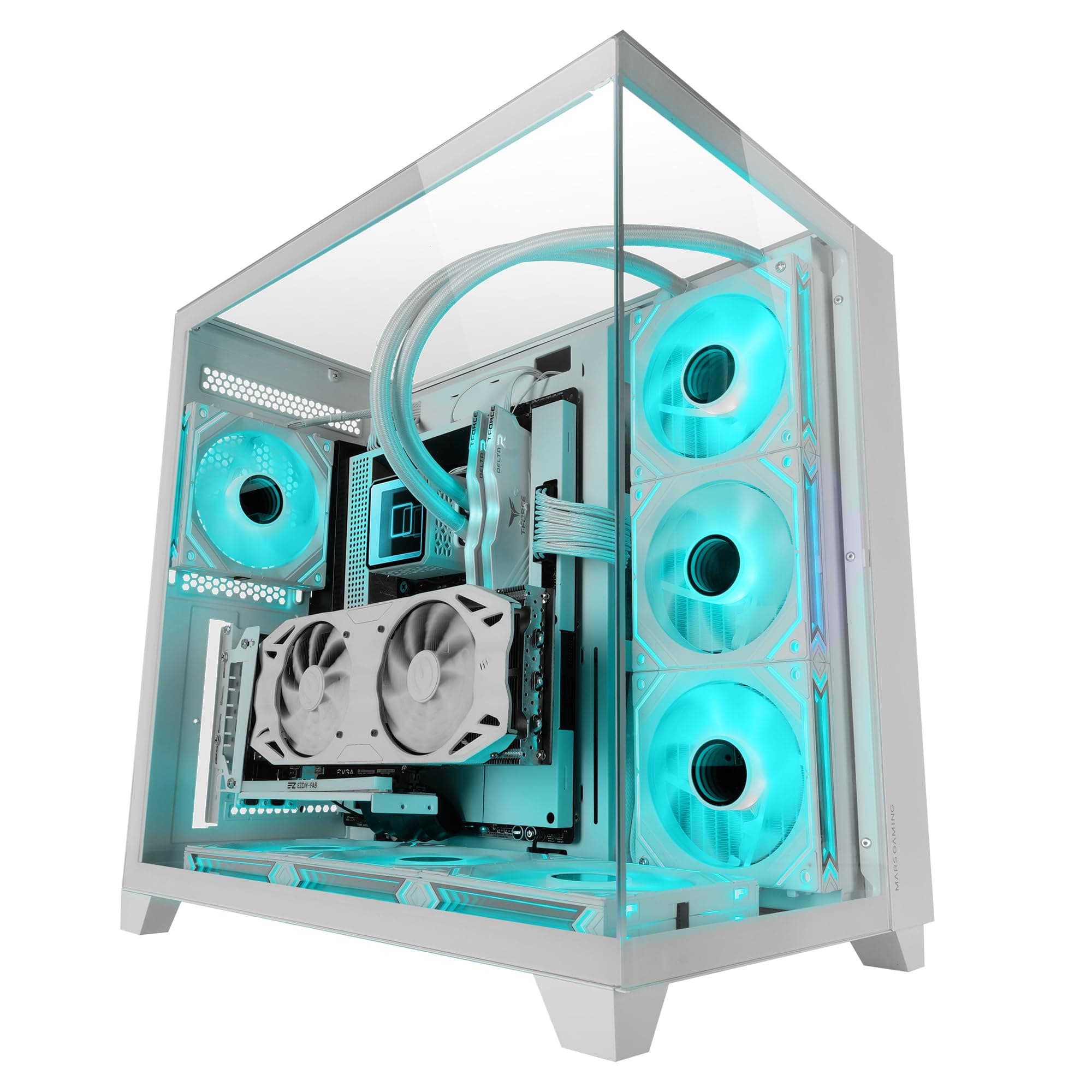 Mars Gaming MC-3C, ATX Gaming Case, 3D Panoramic View with Triple Tempered Glass, Dual Chamber Side Design, Full Liquid Cooling Support, Mid-Tower PC with Cable Management, White