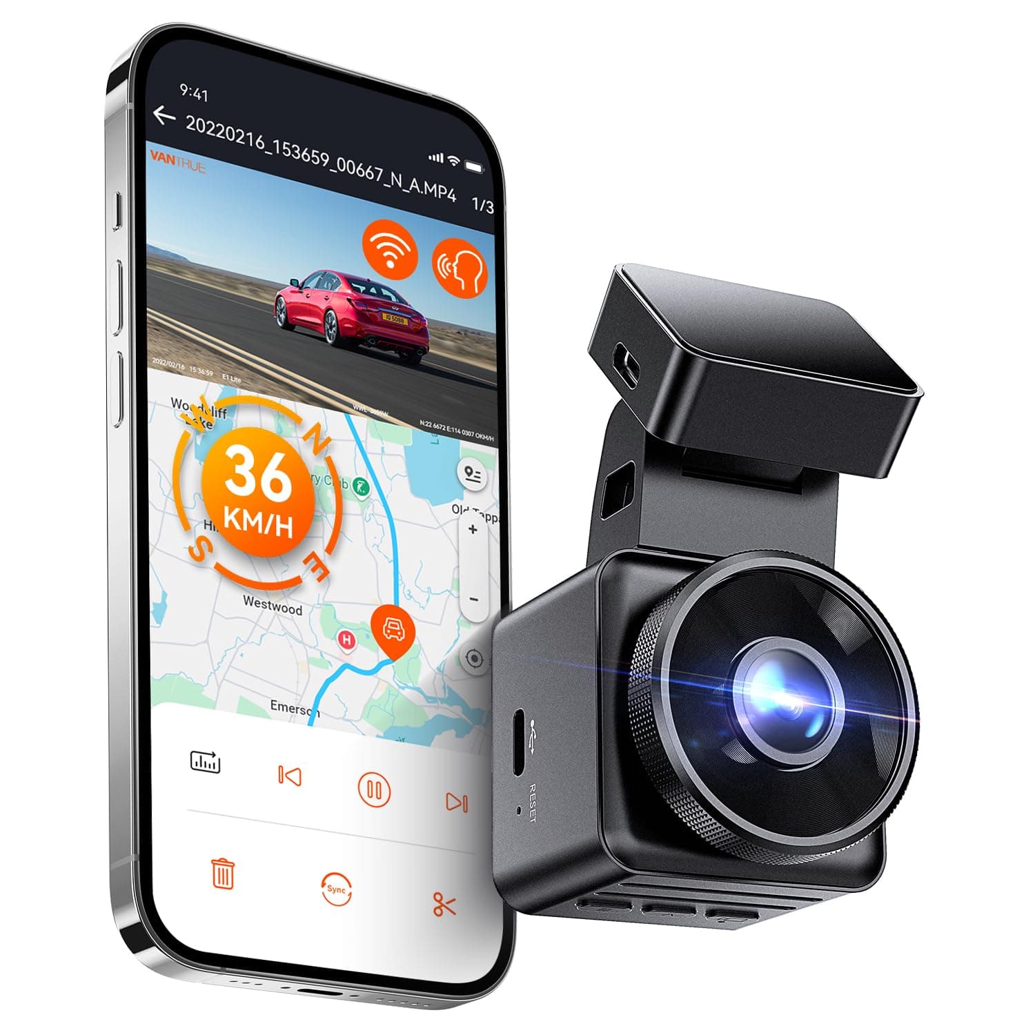Vantrue E1 Lite 1080P Dash Cam, Mini Car Camera with Night Vision, 60fps Dash Cam with GPS and Speed, Wi-Fi APP Control, Loop Recording, Voice Control, 24H Parking Mode, Support 512GB