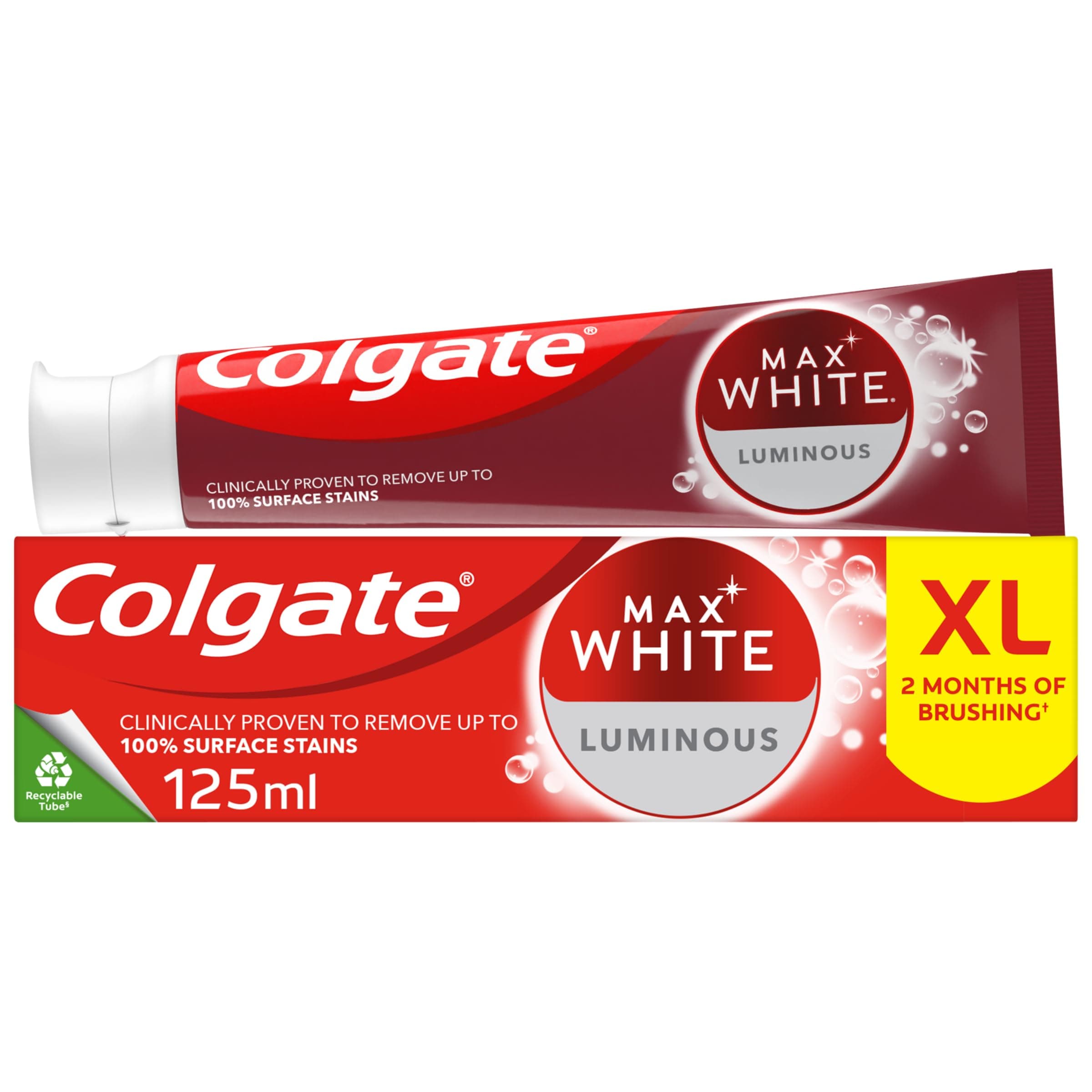 Colgate Max White Luminous Toothpaste 125ml, Teeth Whitening Toothpaste with Clinically Proven Formula That Removes Up to 100% of Surface Stains