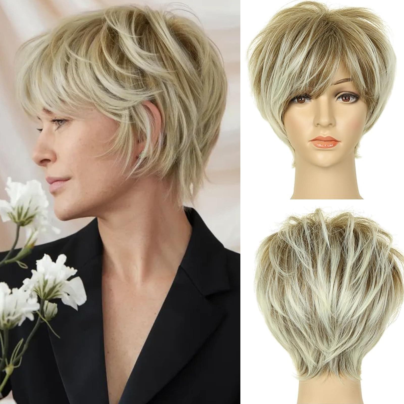 QUEENTAS Pixie Cut Wig with Bangs for White Women Short Blonde with Dark Roots Synthetic Heat Resistant Hair for Party Daily Use Wear and Go Glueless Wig (Ombre Brown Blonde)
