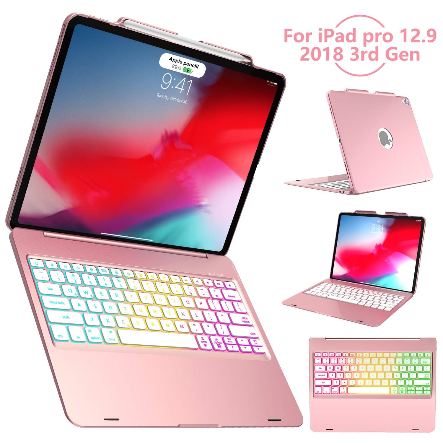 iPad Pro 12.9 Keyboard Case 2018 3rd Gen-Support Apple Pencil Charging, 7 Color Backlit Wireless Keyboard with 135° Smart Folio Hard Back Cover, Ultra Slim,Auto Sleep/Wake(Not for 2017/2015),Rose Gold
