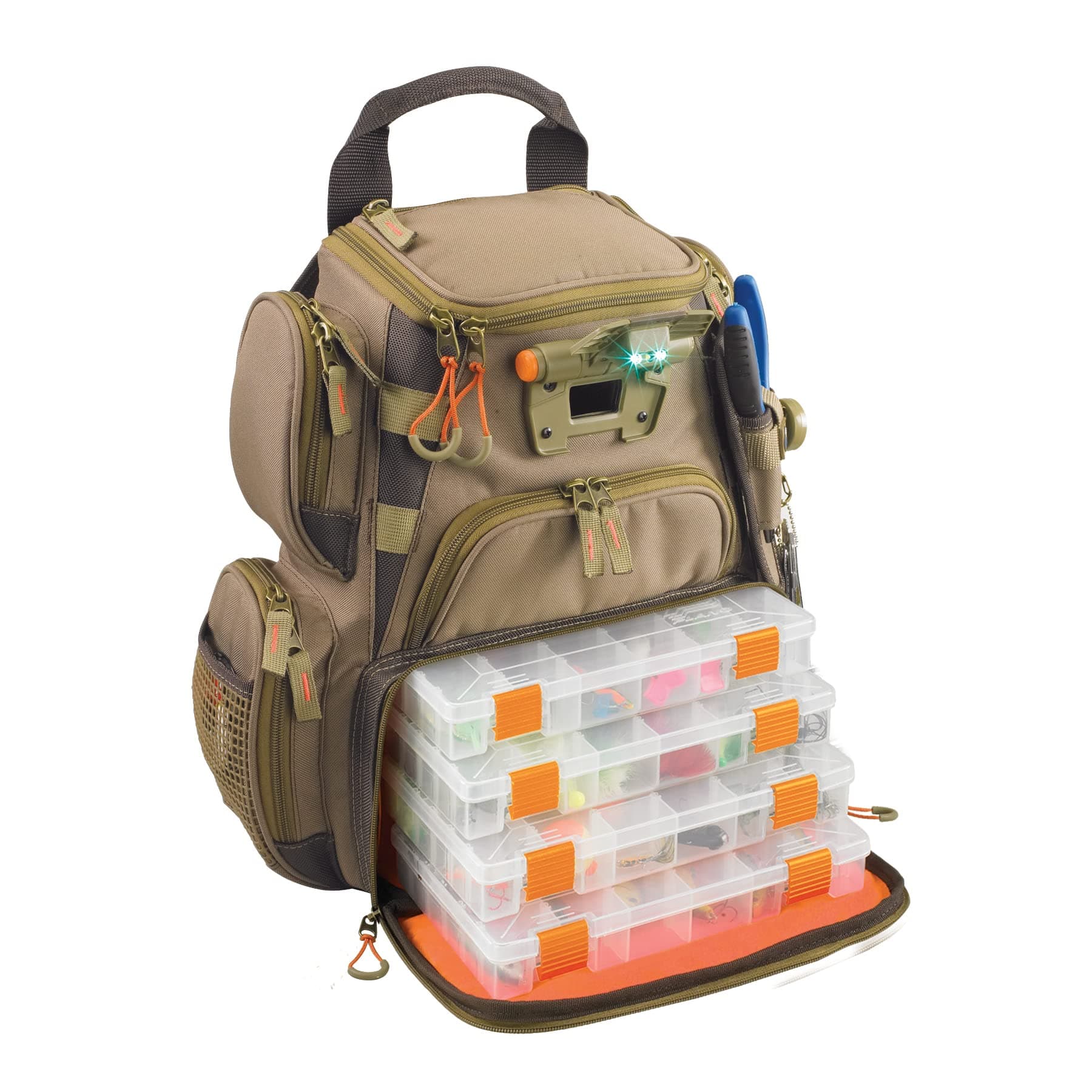 by CLC WT3503 Tackle Tek Recon Lighted Compact Tackle Backpack & Four PT3500 Trays, Clear, Water-Resistant Phone Storage,Beige , 12.75 x 6.75 x 15 "