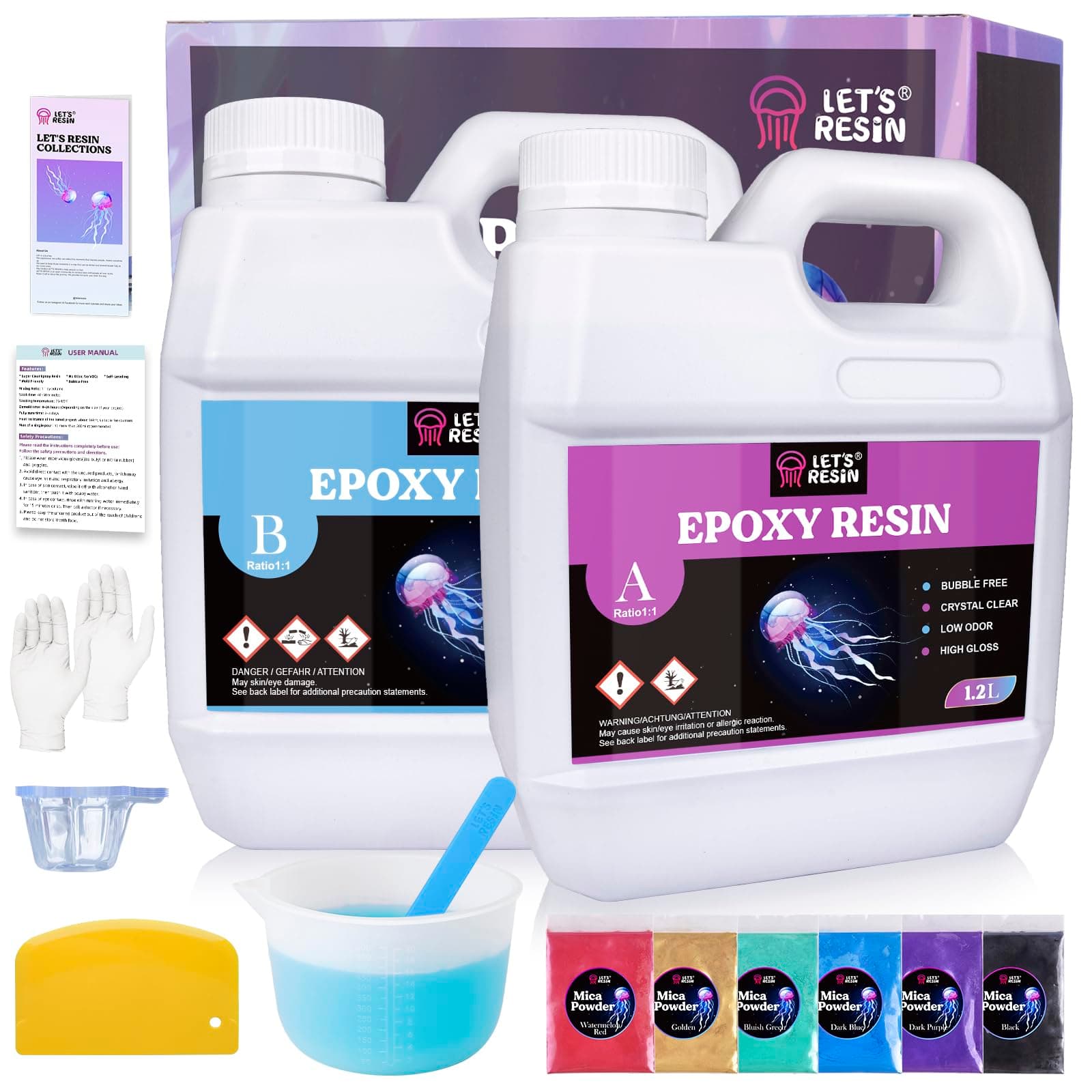 LET'S RESIN 2.4L Crystal Clear Casting Resin Kit, Bubbles Free Epoxy Resin Kit, Clear Resin for Tumblers, Moulds, Jewelry, Table Top, Epoxy Resin with 6 Mica Powders, Large Silicone Cup and More