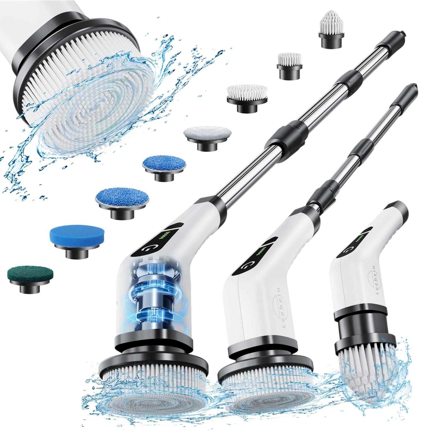 Electric Spin Scrubber, Cordless Cleaning Brush with 8 Replaceable Brush Heads, Extendable Long Handle Bathroom Cleaning Scrubber, 300/400RPM Spin Scrubber for Bathroom Kitchen Floor Tile