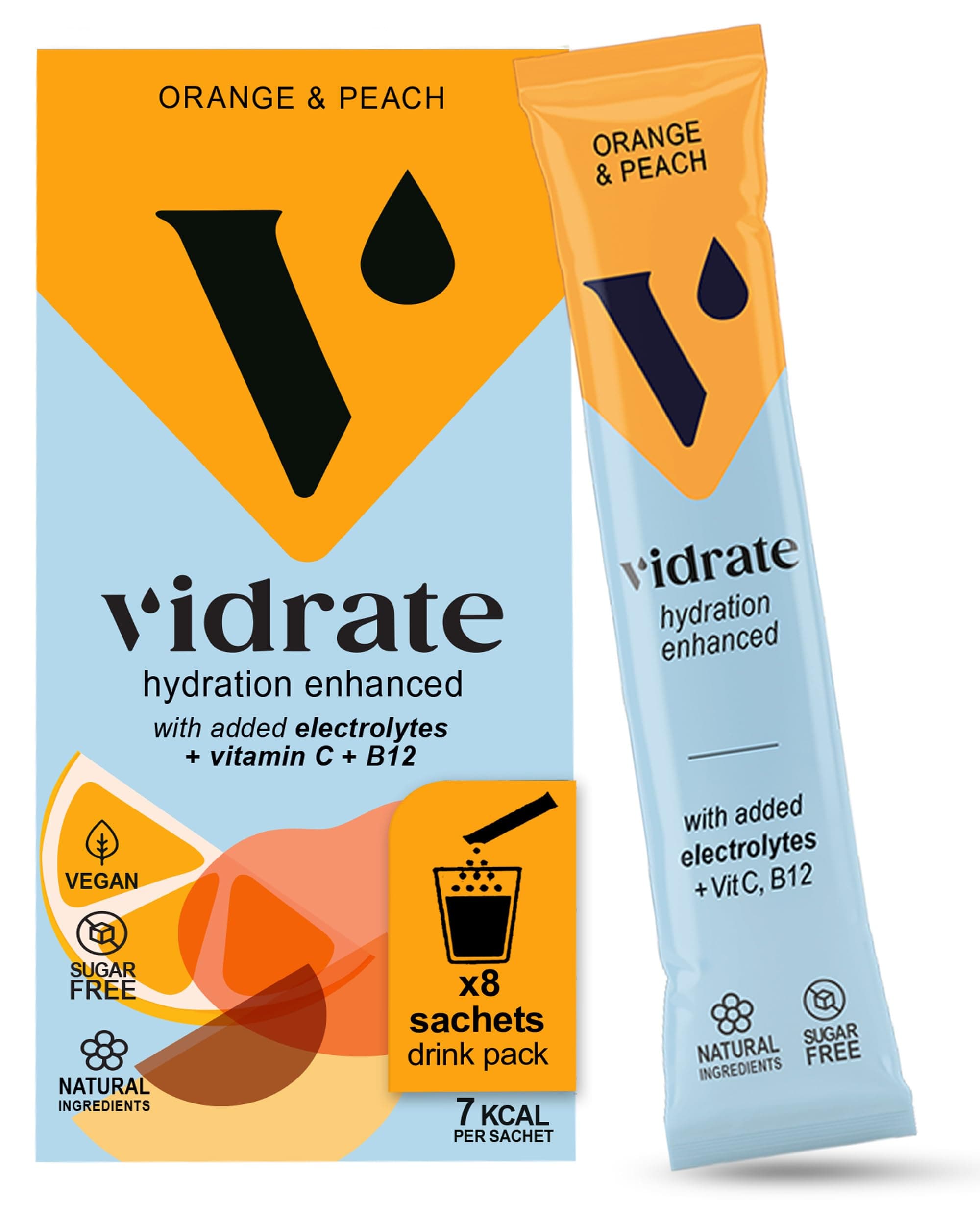 Vidrate Electrolytes Powder - Hydration Sachets Packed with Vitamins - Zero Sugar Rehydration Sachet, No Artificial Sweeteners & Preservatives - Orange & Peach Small Pack, 8 Electrolytes Sachets