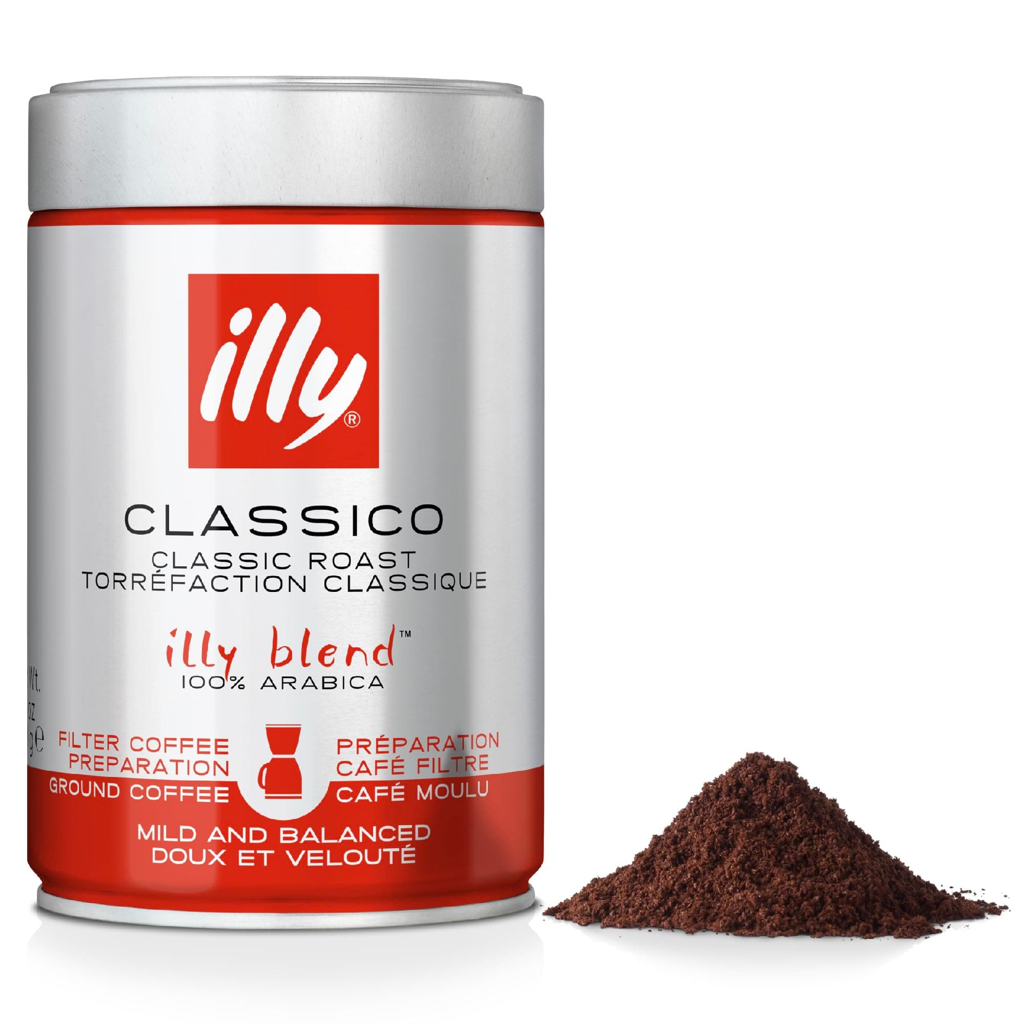 illy Classico Ground Coffee, Medium Roast, 100% Arabica, Coarse Grind for Cafetiere & Filter Coffee, Suitable for Drip Coffee Makers, 250g Tin
