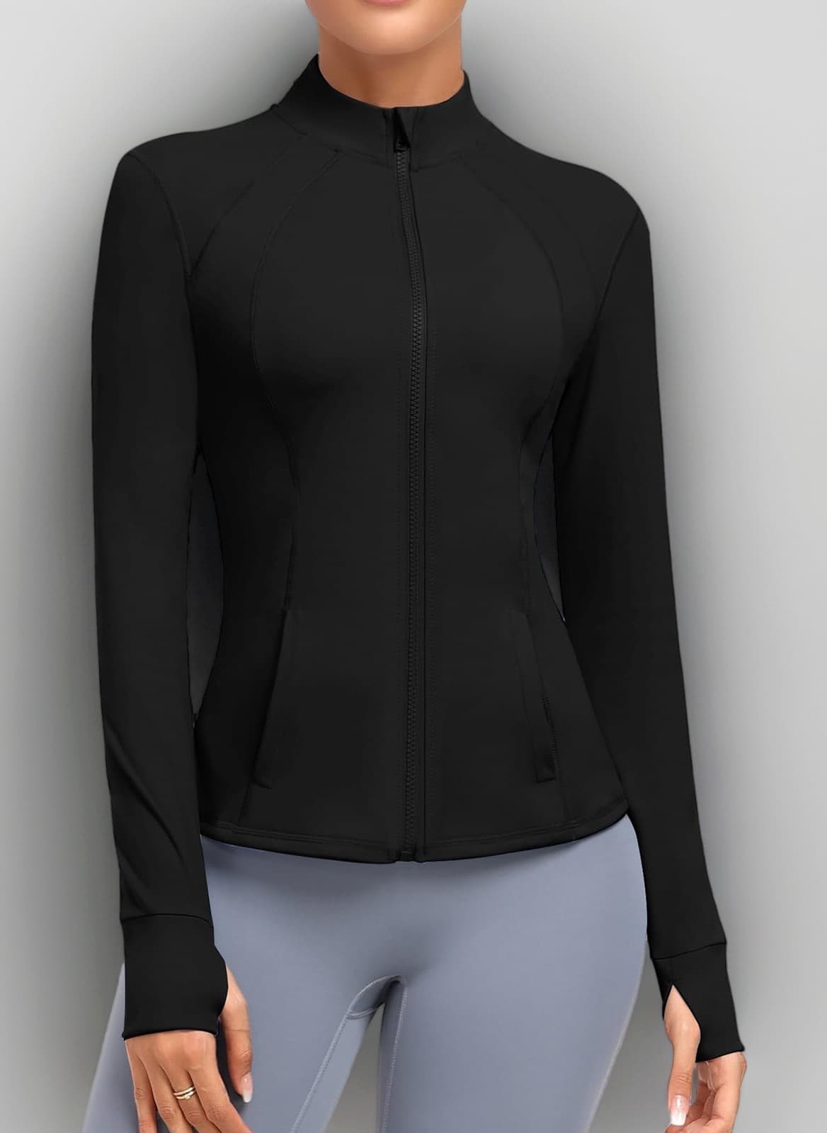 Women's Athletic Full Zip Lightweight Workout Jacket With Pockets Running Slim Fit Yoga Sportwear With Thumb Holes