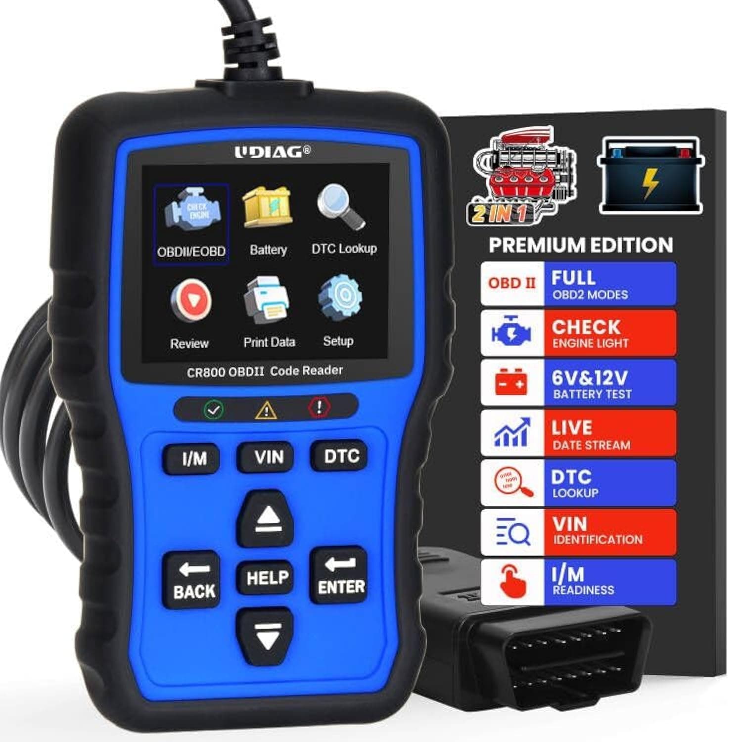 UDIAG CR800 OBD2 Scanner Diagnostic Tool Car Code Reader One-Click I/M Full OBDII Vehicle Fault Code Reader Check Engine Battery Test Live Data for OBD II Protocol Cars Since 1996