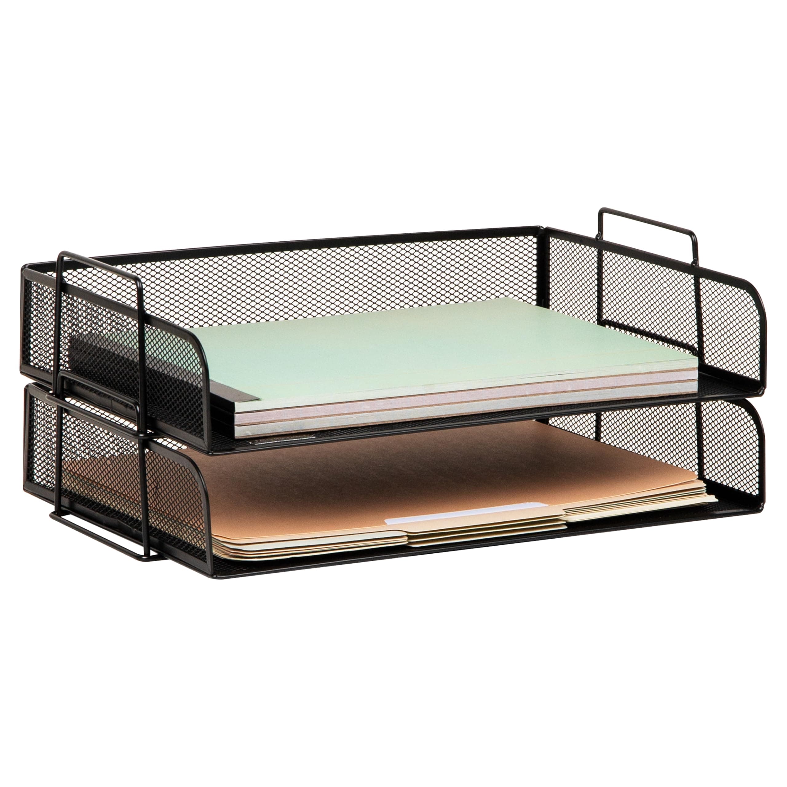 Stackable Paper Tray, Desktop Organizer, File Storage, Office, Metal Mesh, 2 Pcs., Black