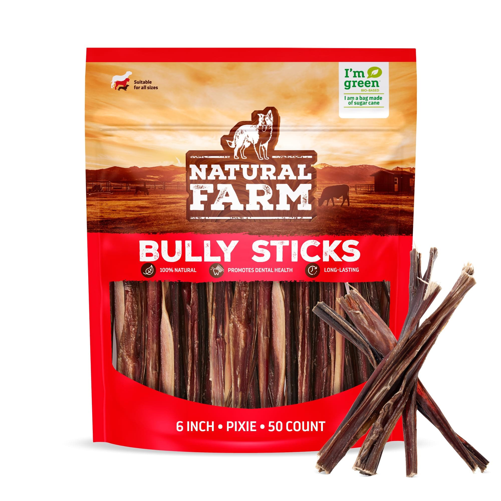 Bully Sticks (6 Inch, 50 Pack), Thin Pixie Pizzle Beef Treats, Grain-Free, High Protein, Best Rawhide Alternative for Small, Puppies or Senior Dogs