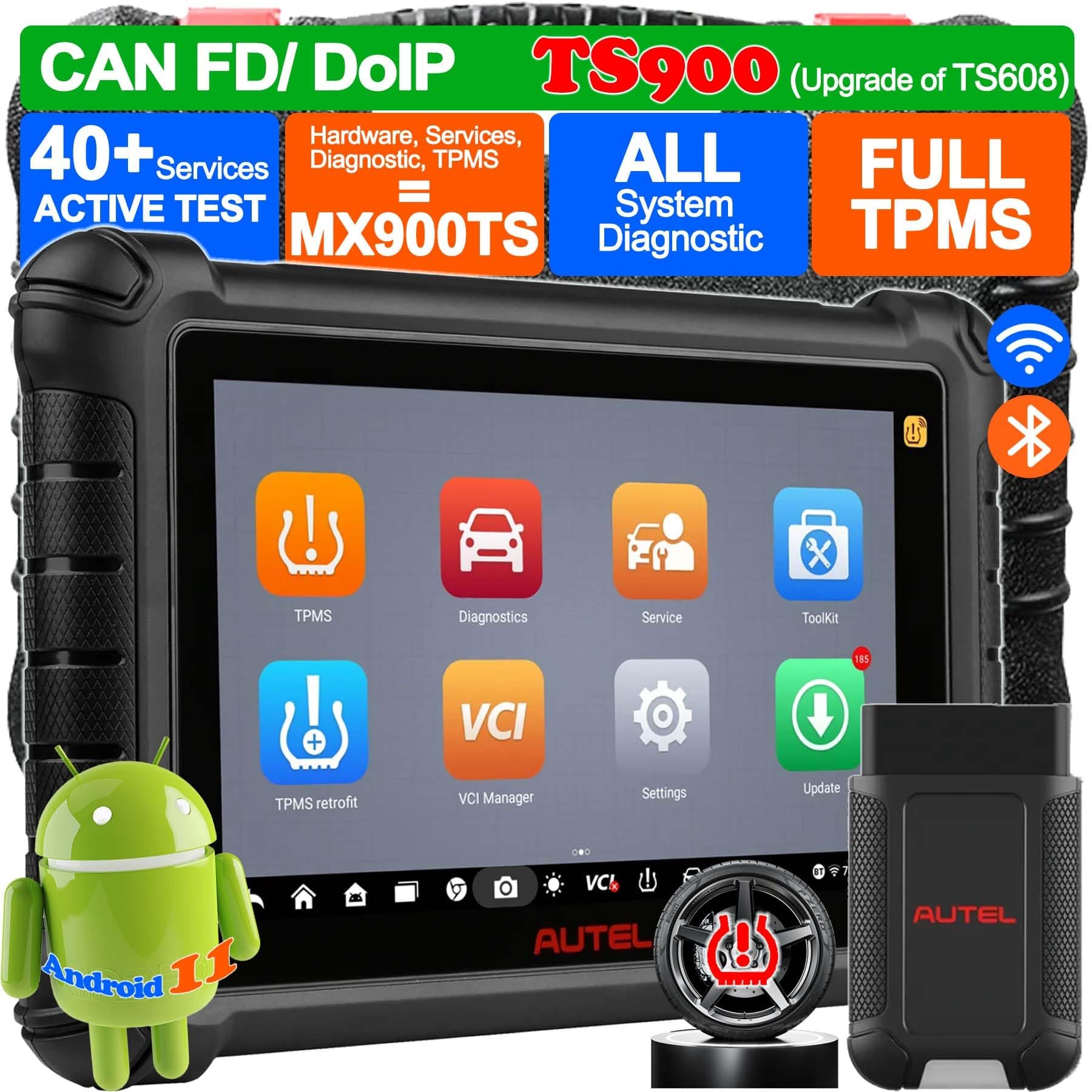 Autel TPMS Programming Tool TS900, OS 11, Same as MX900TS MK900TS, Newer of MS906TS TS608 MK808S-TS, TPMS Relearn Reset Tool as MP900TS Scanner, All Sys Diagnosis, 40+ Services, Active Test, FCA SGW