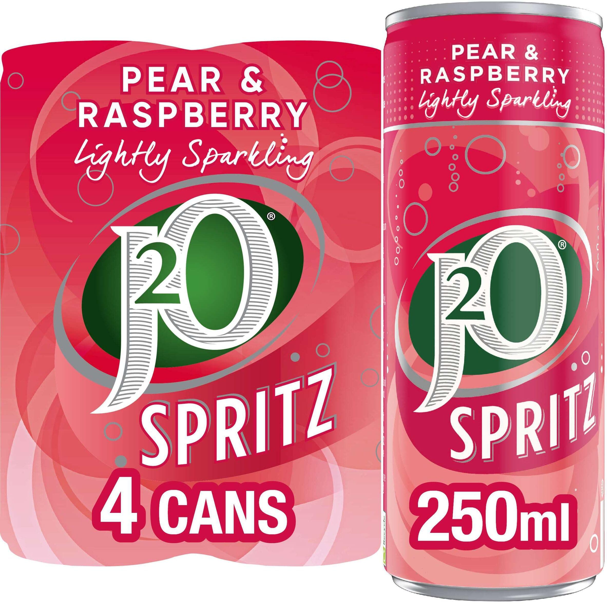 J2O Fruit Juice Spritz Blend, Pear and Raspberry, 250ml Can (Pack of 4)
