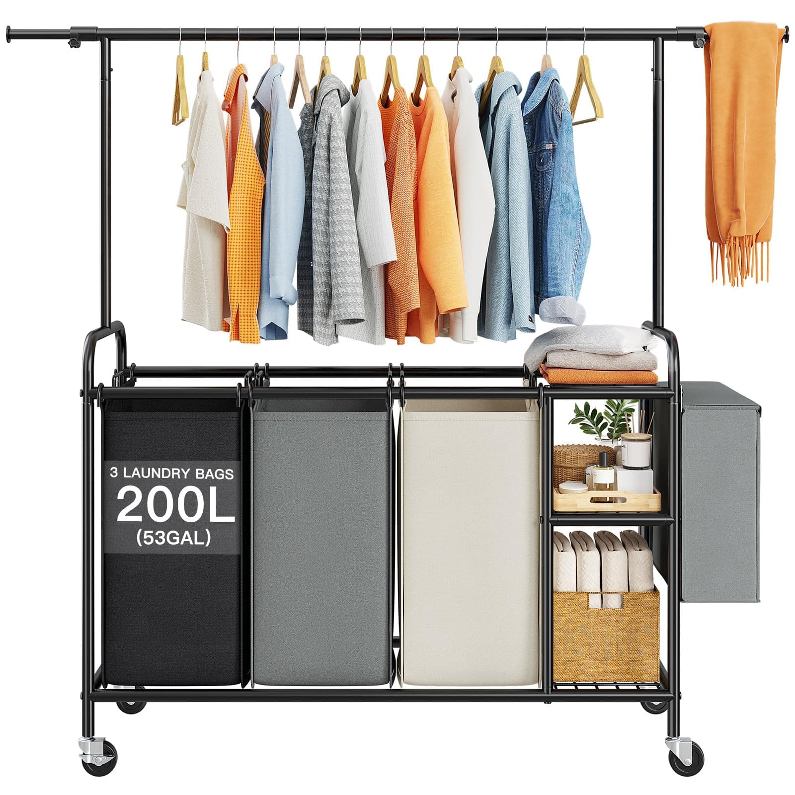 Laundry Sorter 3 Section Rolling Laundry Hamper Cart with Shelf 200L Large Laundry Basket Organizer 3 Compartment Hampers with Lockable Wheel