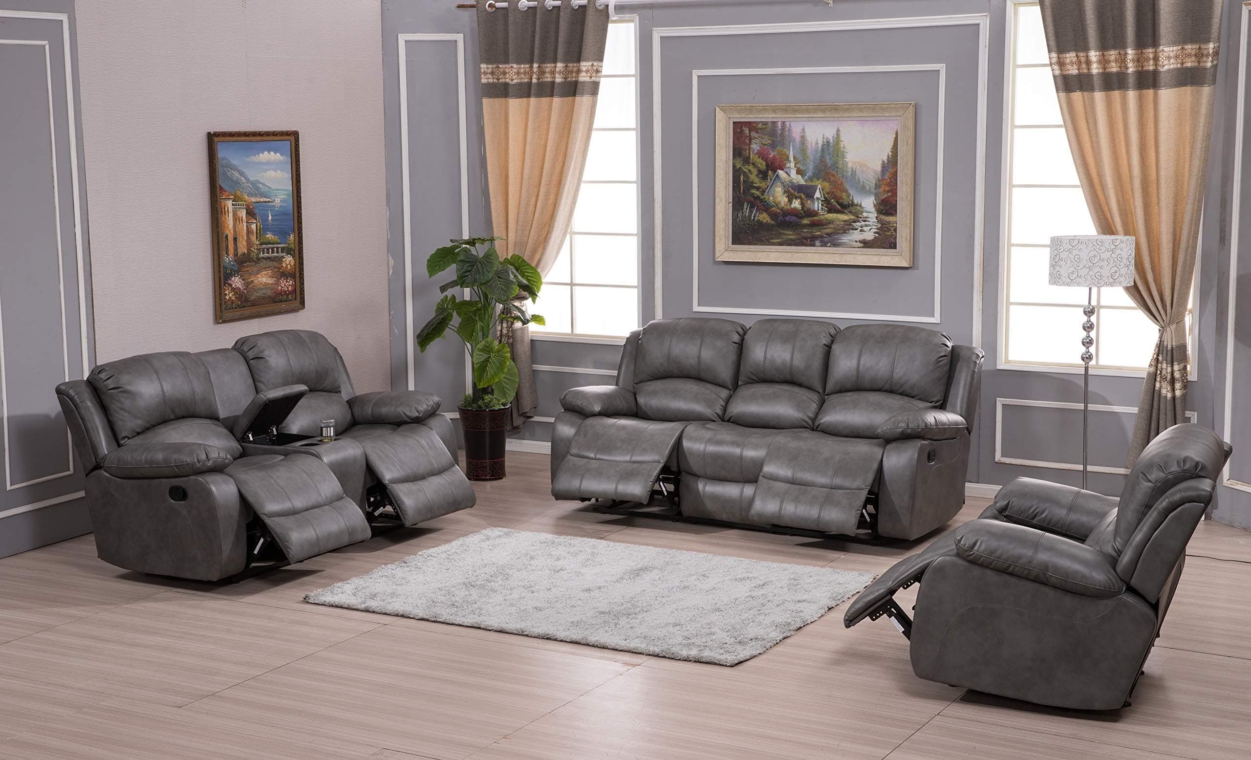 Betsy Furniture 3PC Faux Leather Reclining Couch Set, Living Room Furniture Set, Sofa, Loveseat, Glider, 8018 Multiple Colors (Gray, Sofa+Loveseat+Chair)