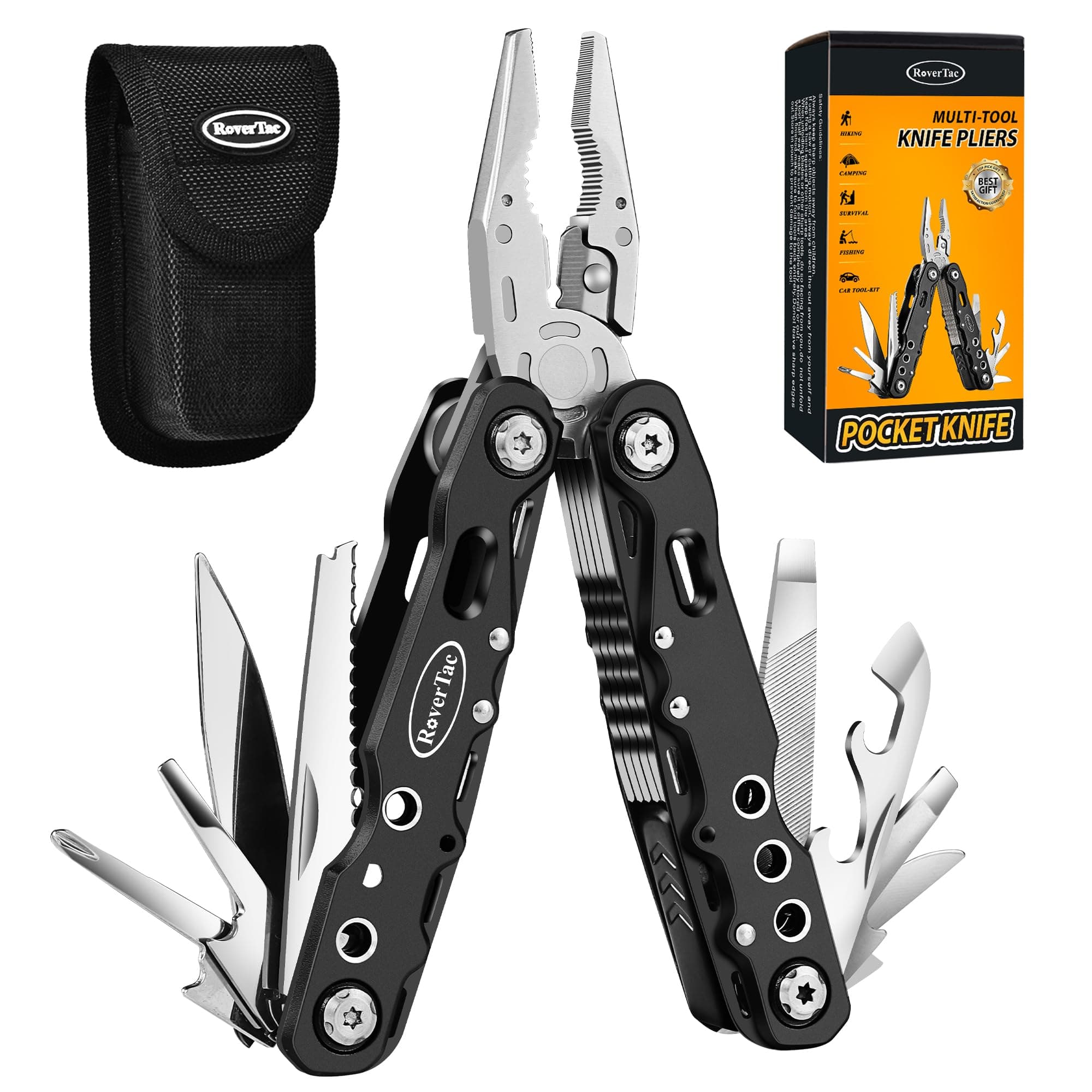 Multitool Pliers Pocket Knife, 14 in 1 Multi Tool Knife Pliers Saw Bottle Opener Safety Lock Nylon Sheath, Camping Hiking Gear Multitool for Camping Survival Hiking DIY, Gifts for Men Dad