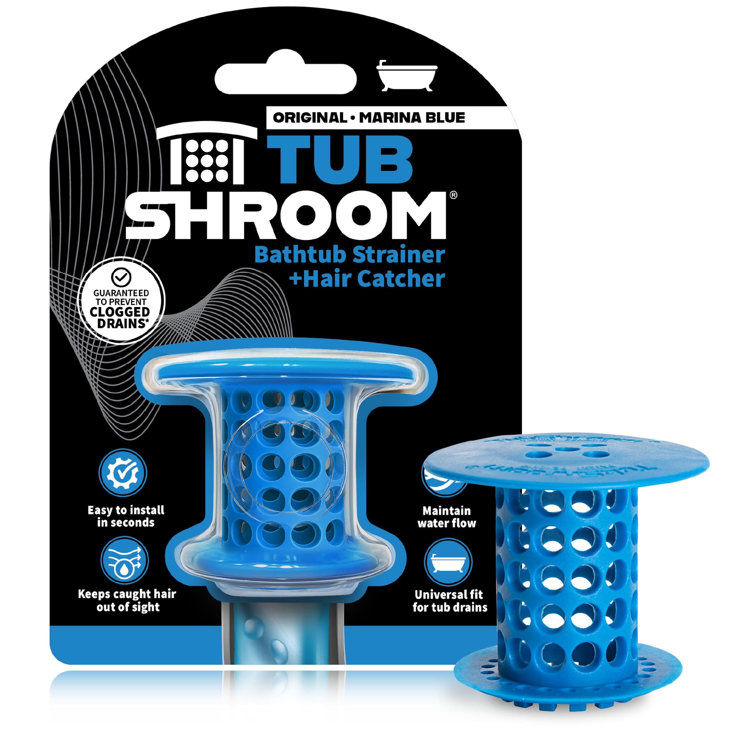 TubShroom Bathtub Drain Hair Catcher – In-Drain Tub Strainer & Clog Prevention Protector, Fits Standard 1.4”–1.75” Tub Drains, Easy Clean, Captures Human & Pet Hair out of Sight (Blue)