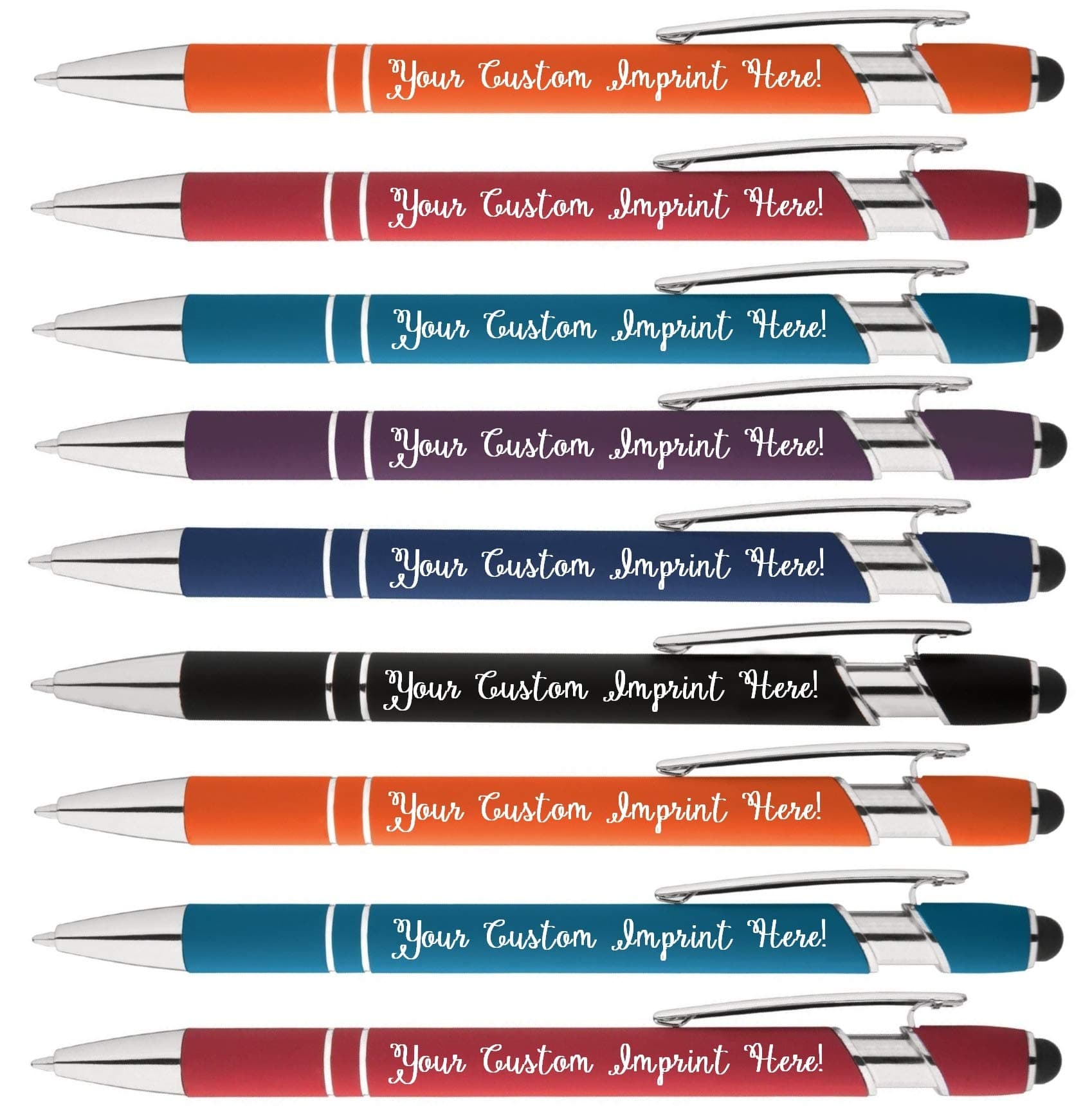 Rainbow Rubberized Soft Touch Ballpoint Pen with Stylus Tip is a stylish, premium metal pen, black ink, medium point. Box of 12 - Personalized with your custom text and/or logo (Assorted)