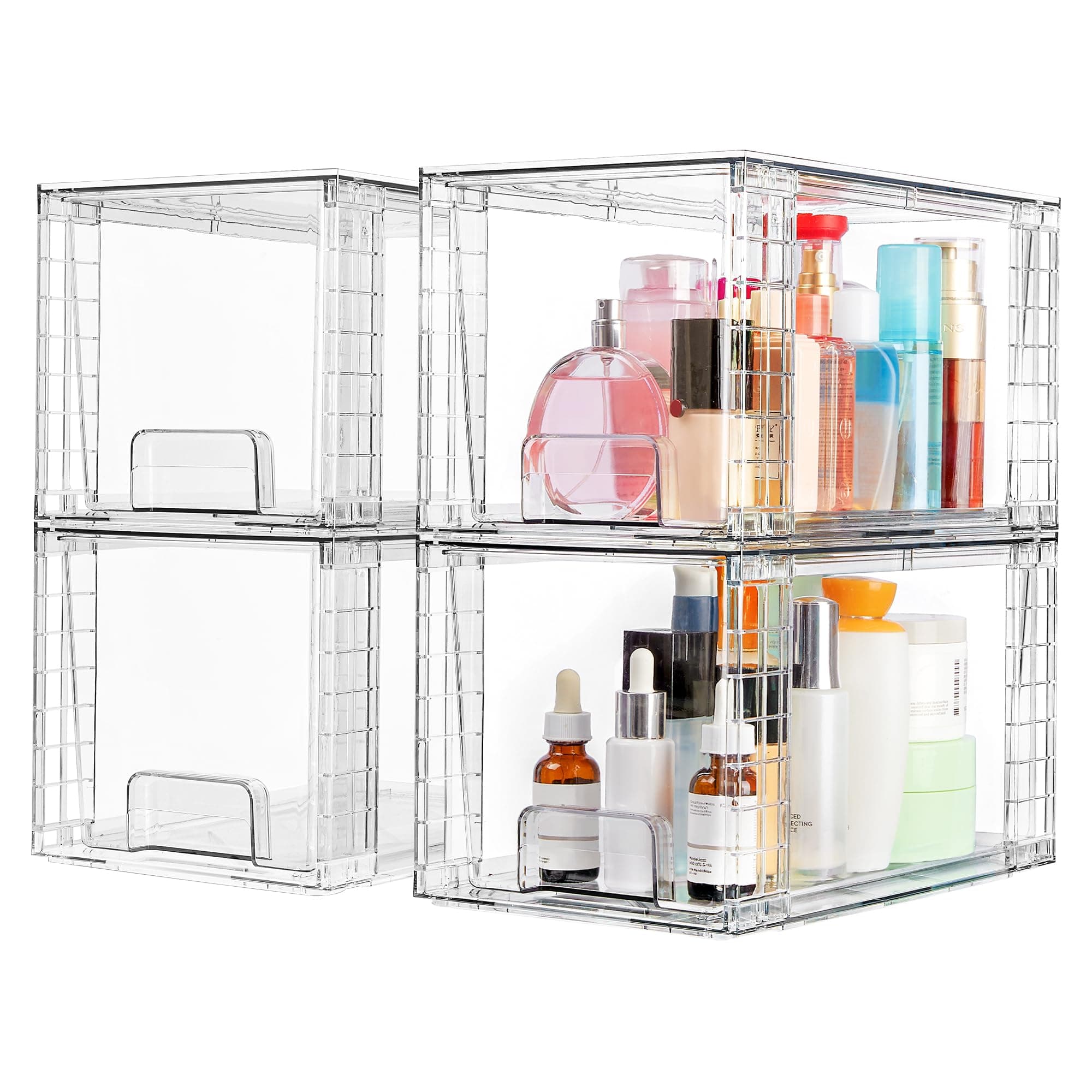 – 4 Pack Large Stackable Storage Drawers, Easily Assemble Acrylic Bathroom Closet Undersink Organizers, Plastic Storage Bins for Kitchen Cabinets, Pantry, Makeup, Medicine Organization