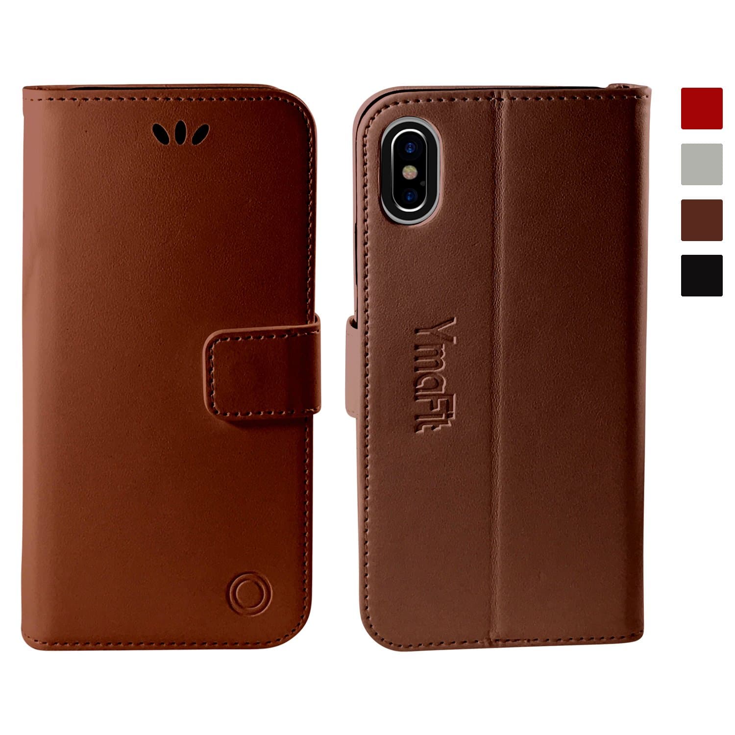 iPhone X Wallet Case By YmaFit: Stylish PU Leather Wallet Case - Fold able Phone Stand - Magnetic Cover - Attachable Wrist Strap for Convenience (Brown)