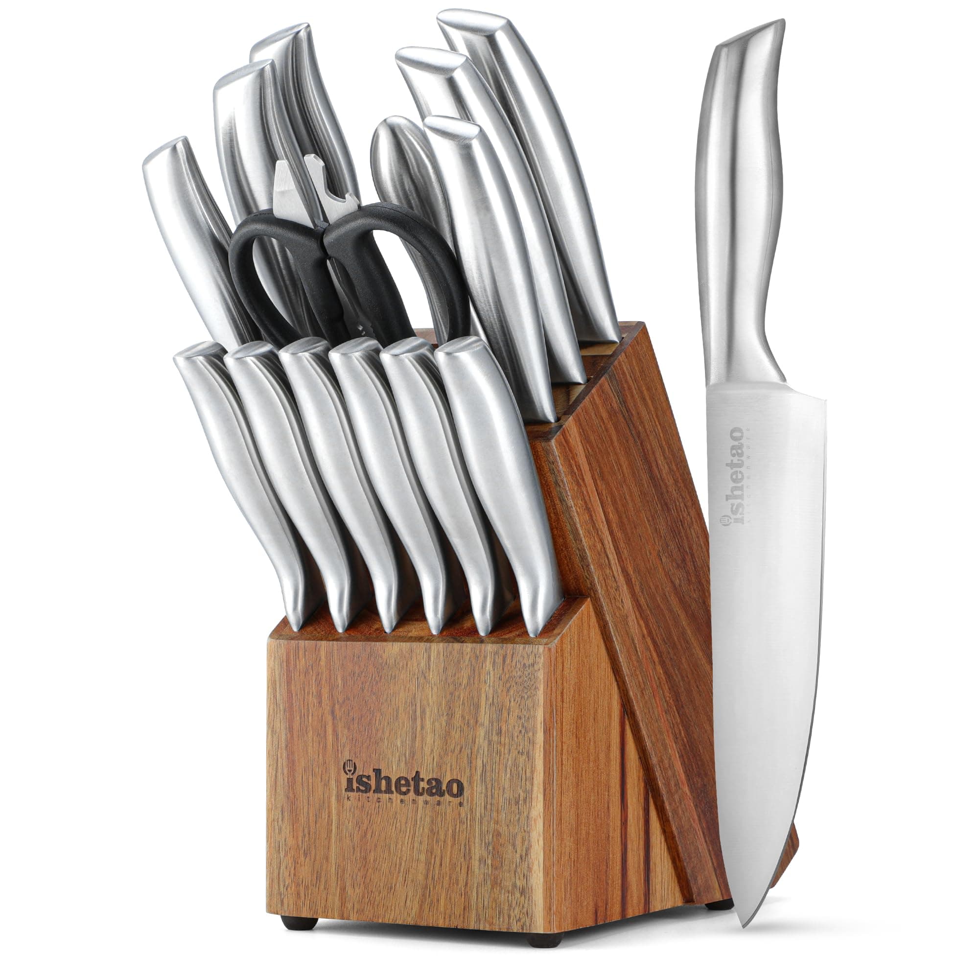 Knife Sets for Kitchen with Block, 15 Piece Kitchen Knife Set, Ultra Sharp Chef Knife Set for Kitchen, High Carbon Stainless Steel Knife Block Set with Sharpener, Silver