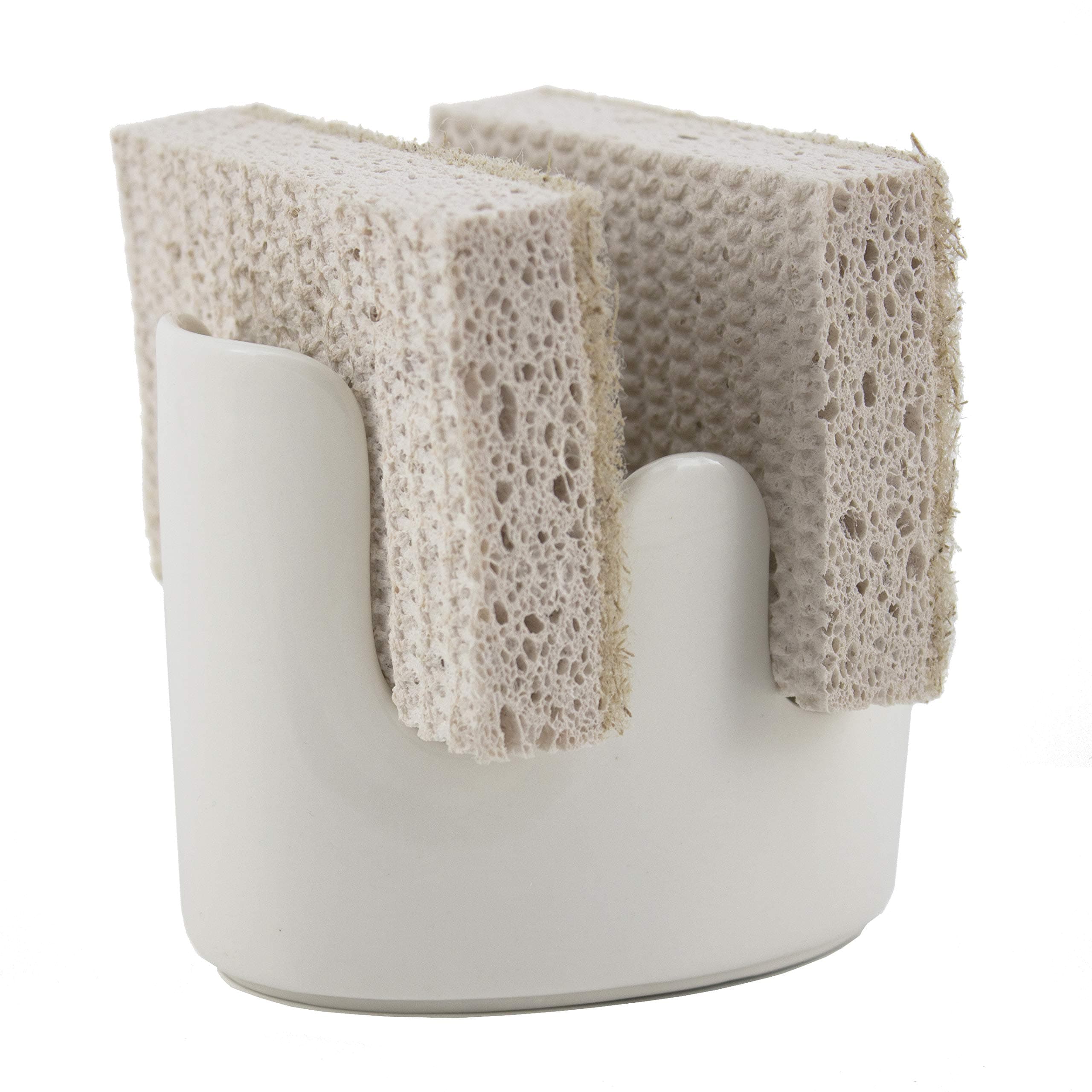 Dual Double Sponge Holder for Kitchen Sink Ceramic White Rustic Farmhouse Holds Two Sponges
