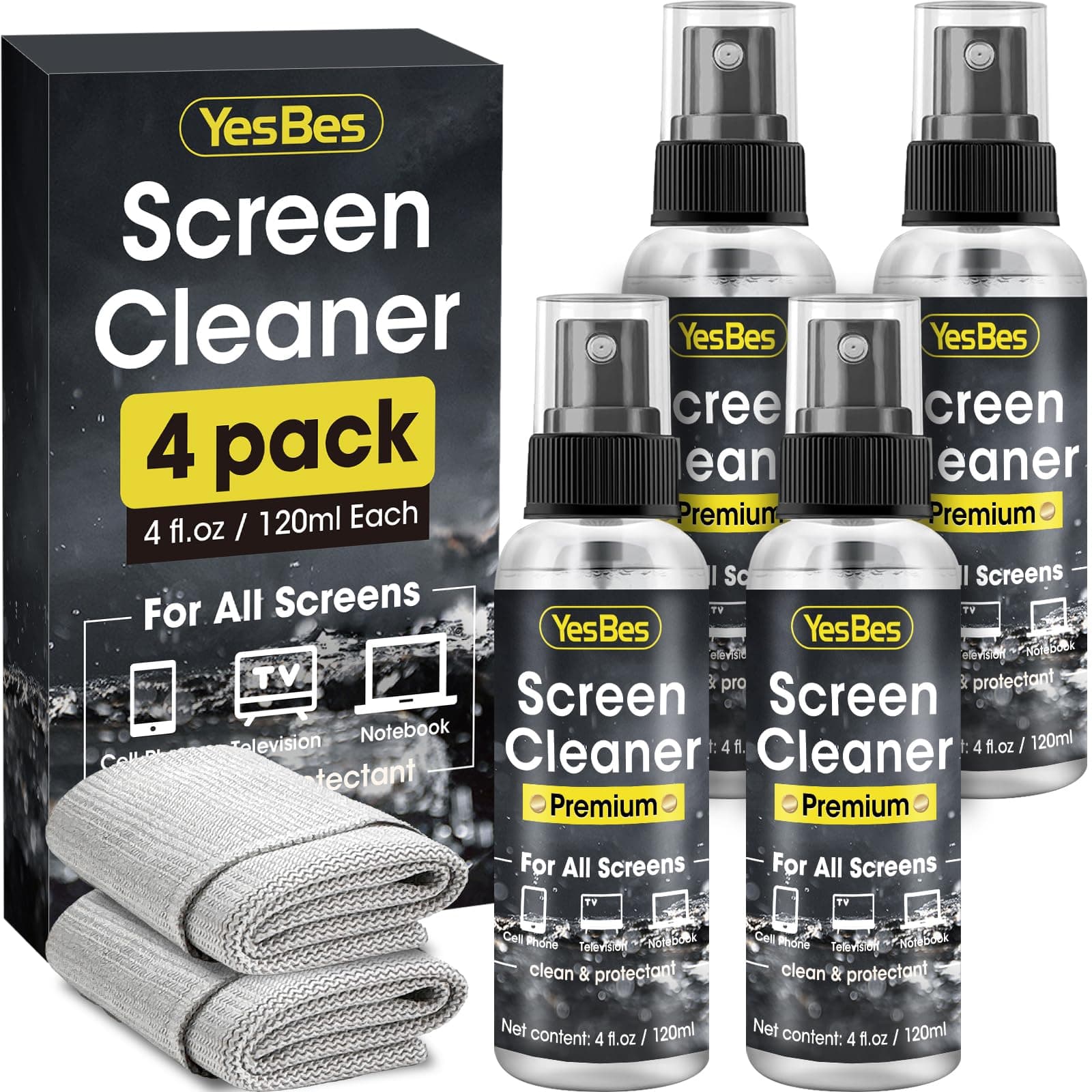 Screen Cleaner Spray, 4 Pack (16 oz) - TV, Computer, Laptop, Phone Screen Cleaner with Microfiber Cloths