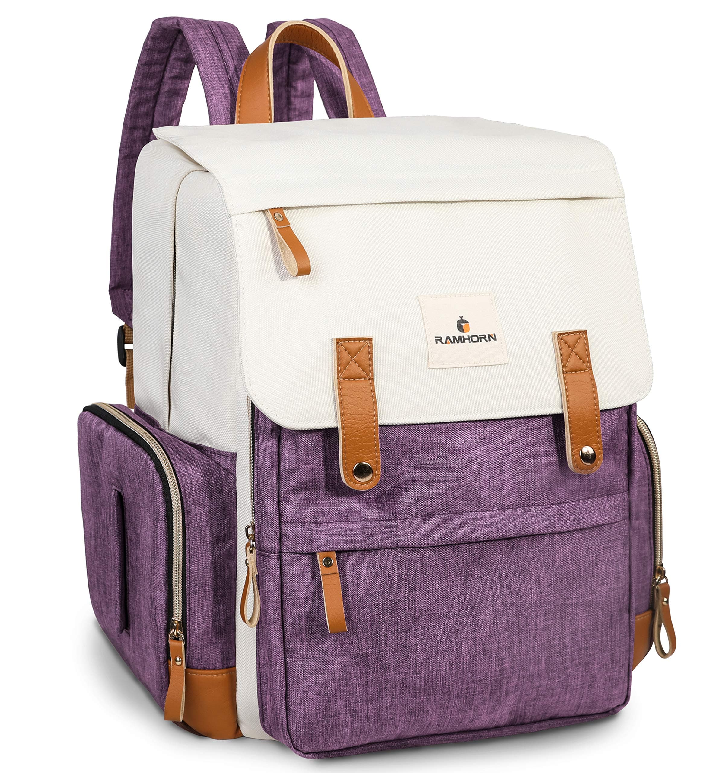 Diaper Bag, Multi-Function Travel Diaper Backpack Baby Maternity Nappy Changing Bag with Insulated Pocket, Durable Stylish and Waterproof, Purple&White by Ramhorn