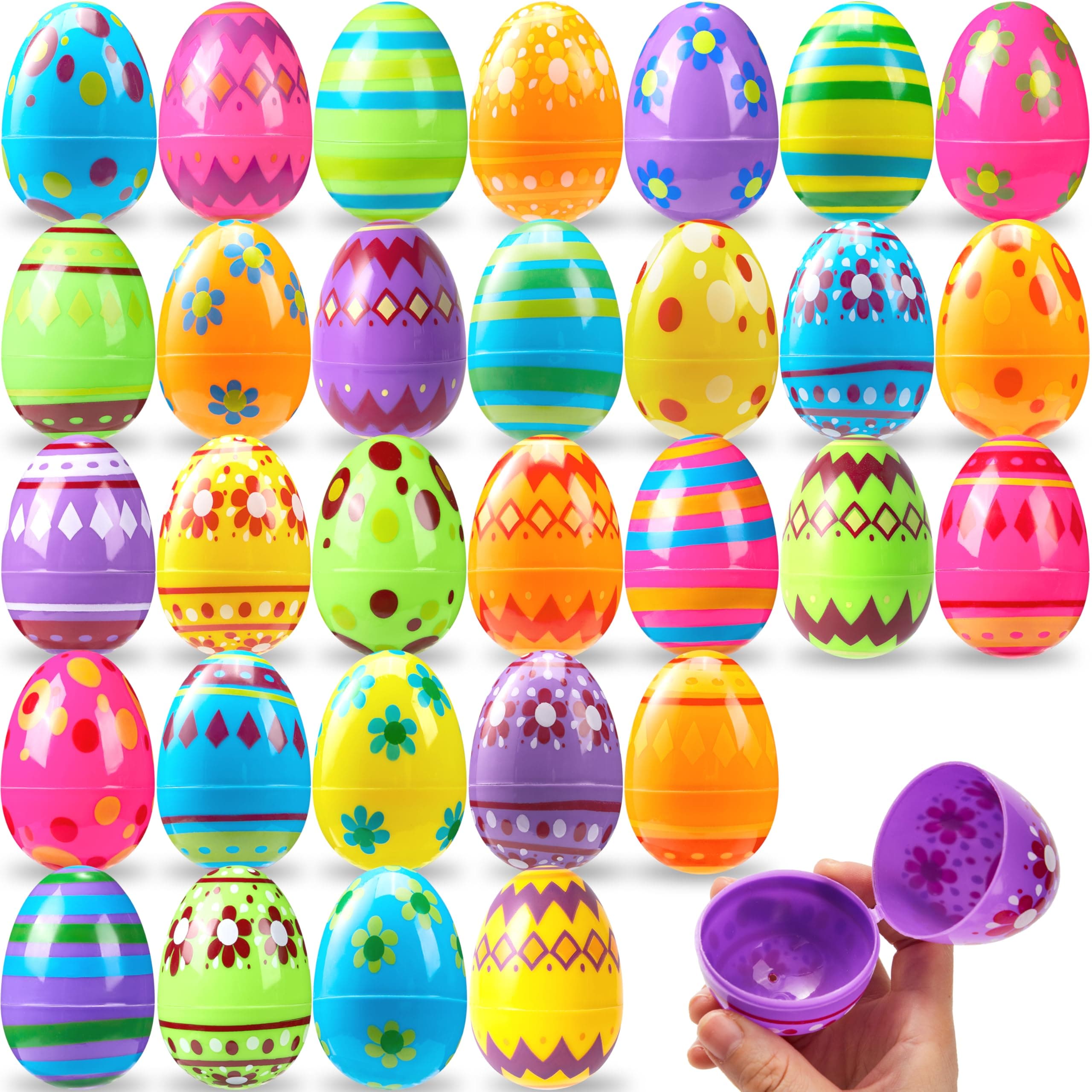 JOYIN 3.15Inch Printed Plastic Eggs, Colorful Plastic Easter Eggs, Fillable Empty Eggs Bulks for Easter Egg Hunt Event, Easter Basket Stuffers, Egg Toddler Gift, 30 Pcs